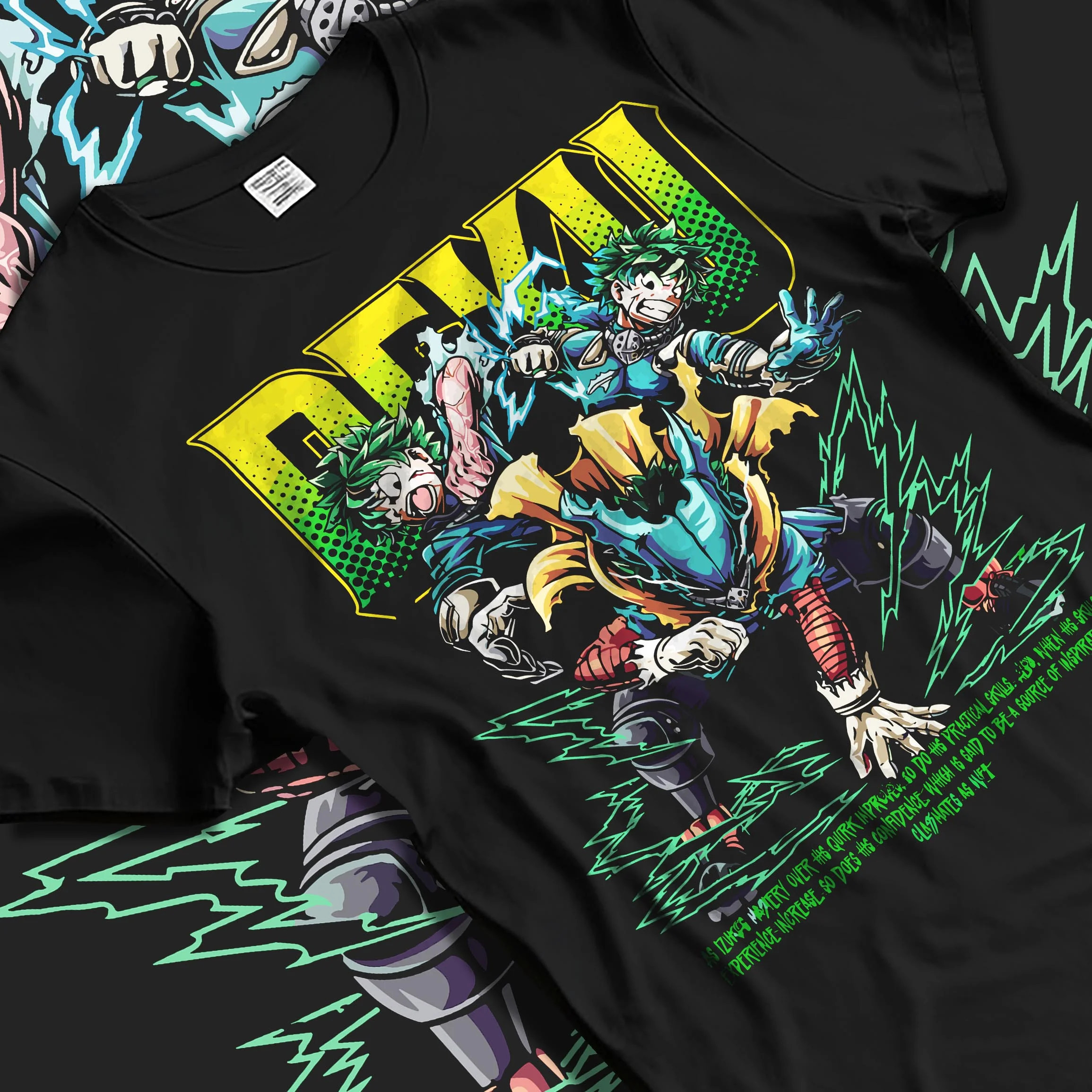 Black T-shirt laid flat with natural folds with Deku Hoodie My Hero Academia Villain Clash Retro Art graphic bold anime graphic.