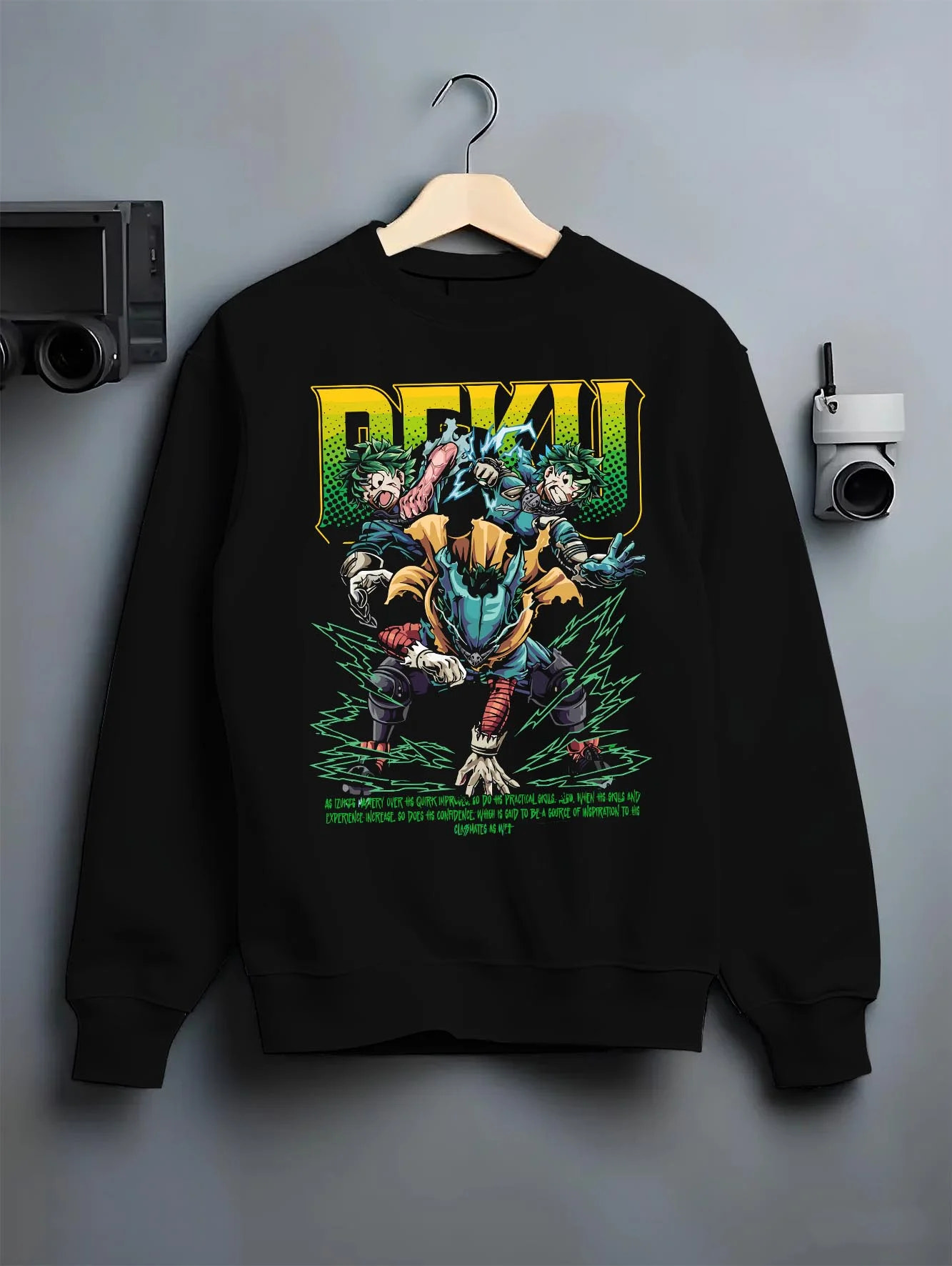 Black crewneck sweatshirt on hanger with Deku Hoodie My Hero Academia Villain Clash Retro Art graphic bold anime graphic.