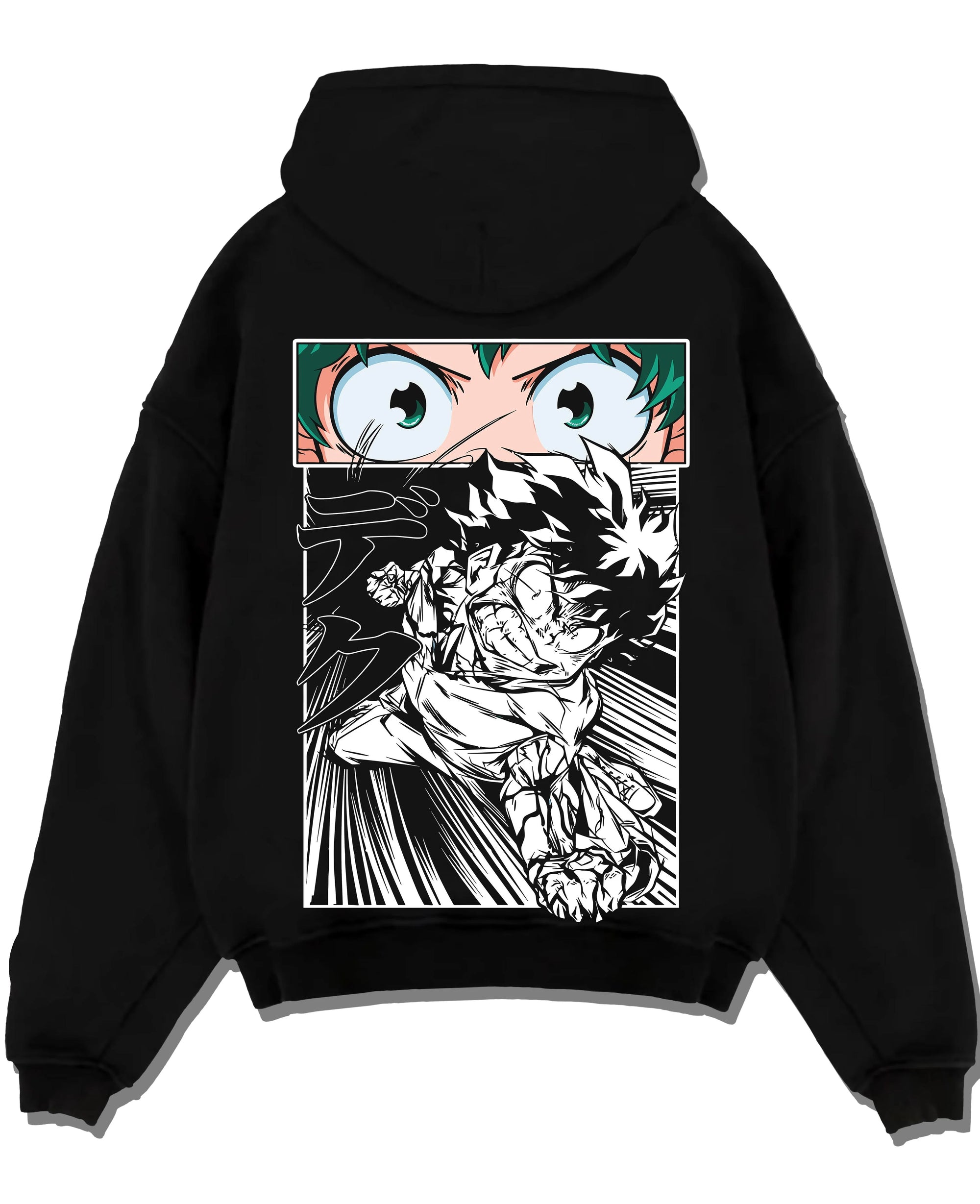 Black pullover hoodie laid flat with Deku Hoodie My Hero Academia Dynamic Action Line Art graphic premium wear.