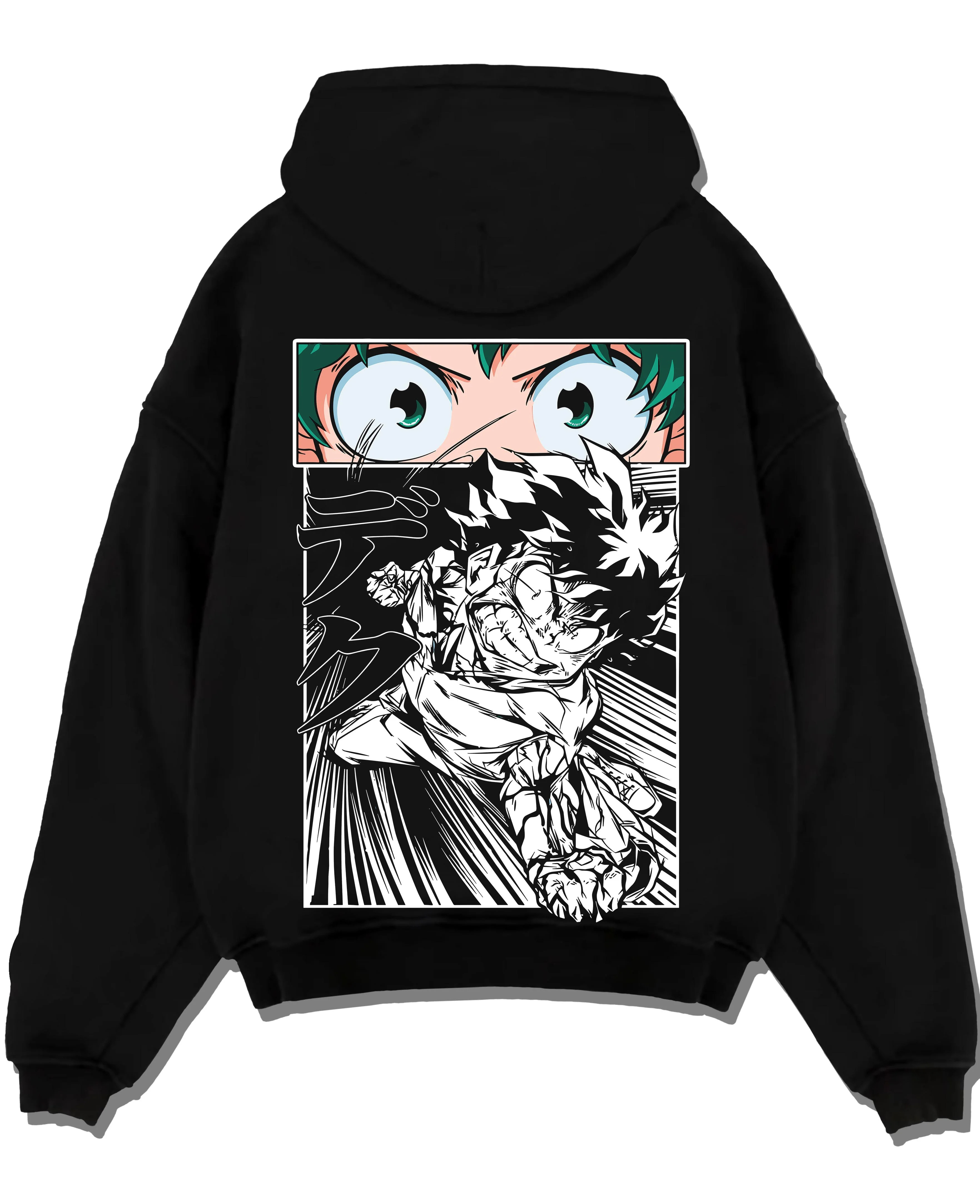 Black pullover hoodie laid flat with Deku Hoodie My Hero Academia Dynamic Action Line Art graphic premium wear.