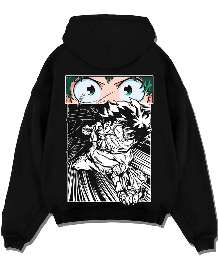 Black pullover hoodie laid flat with Deku Hoodie My Hero Academia Dynamic Action Line Art graphic premium wear.