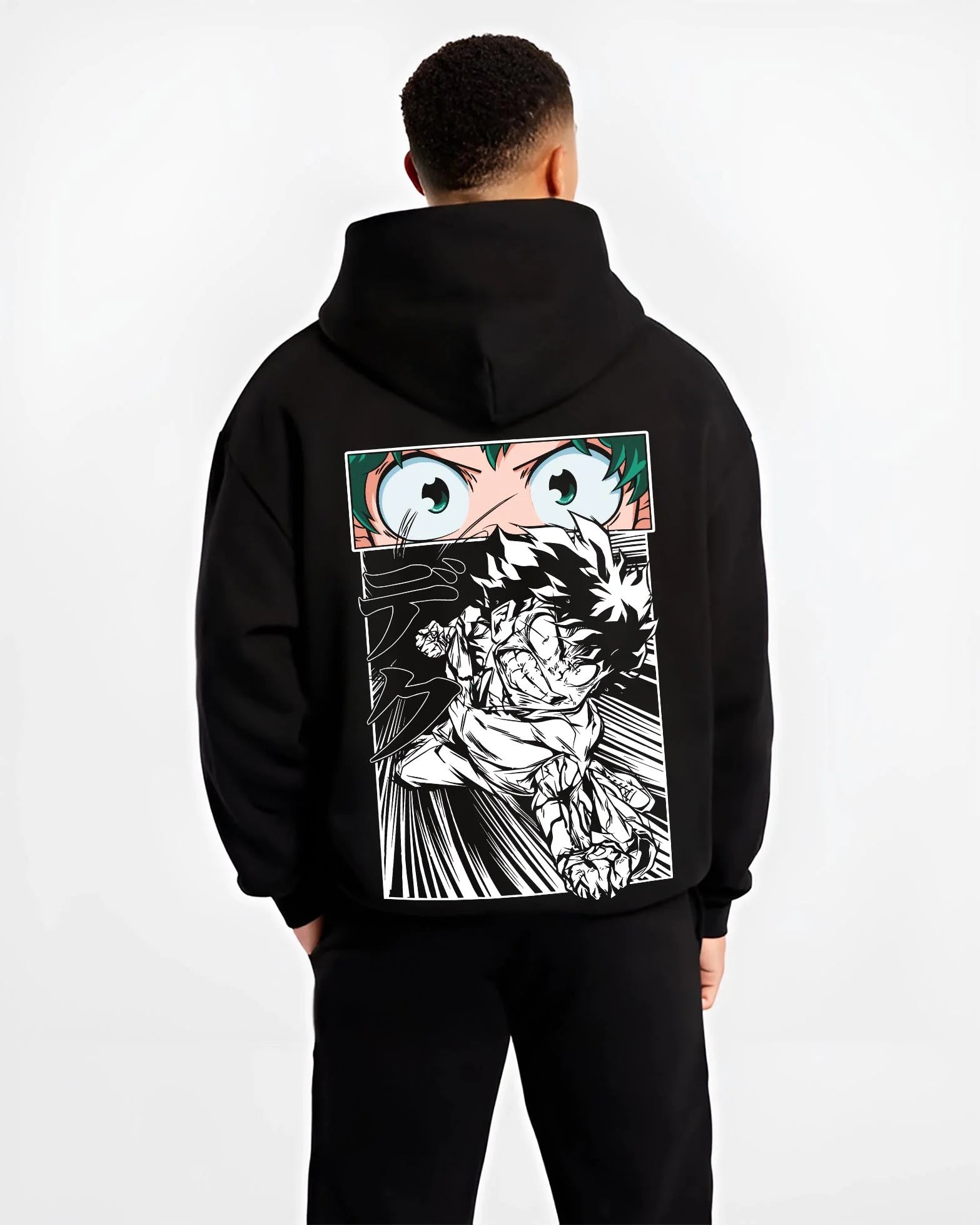 Black hoodie worn by male model, back view with Deku Hoodie My Hero Academia Dynamic Action Line Art graphic bold anime graphic.