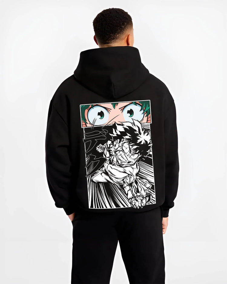 Black hoodie worn by male model, back view with Deku Hoodie My Hero Academia Dynamic Action Line Art graphic bold anime graphic.