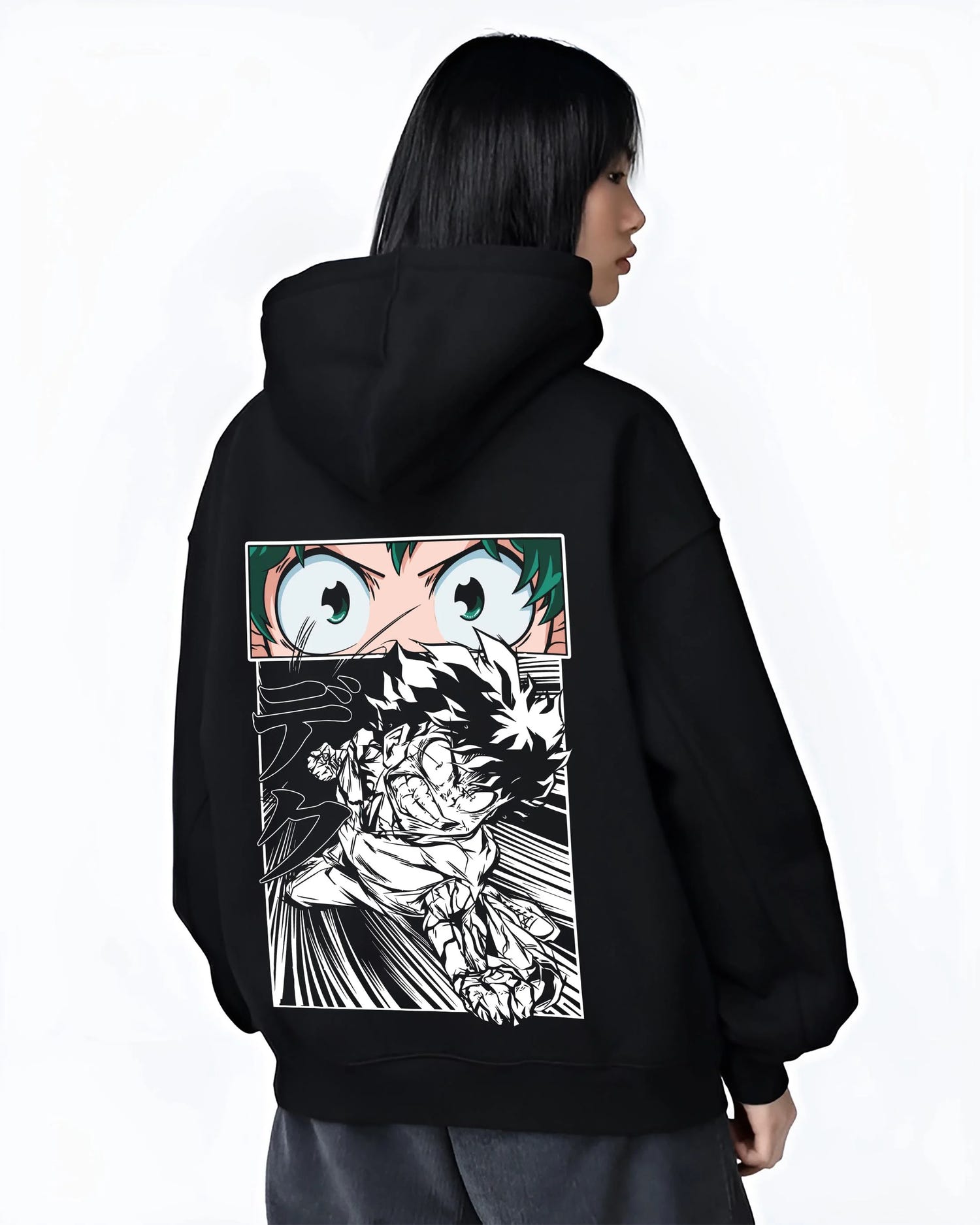 Black hoodie worn by female model, back view with Deku Hoodie My Hero Academia Dynamic Action Line Art graphic bold anime graphic.