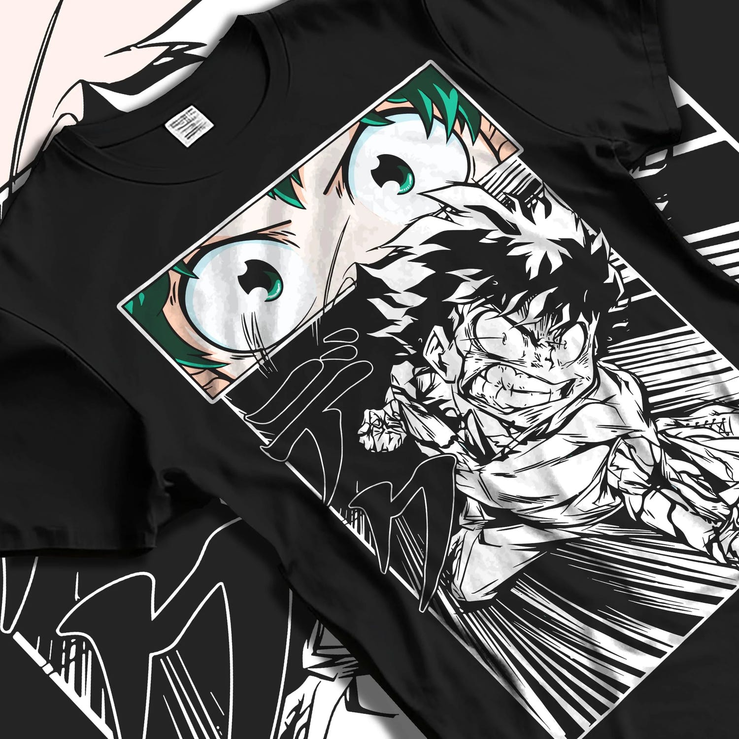 Black T-shirt laid flat with natural folds with Deku Hoodie My Hero Academia Dynamic Action Line Art graphic premium wear.