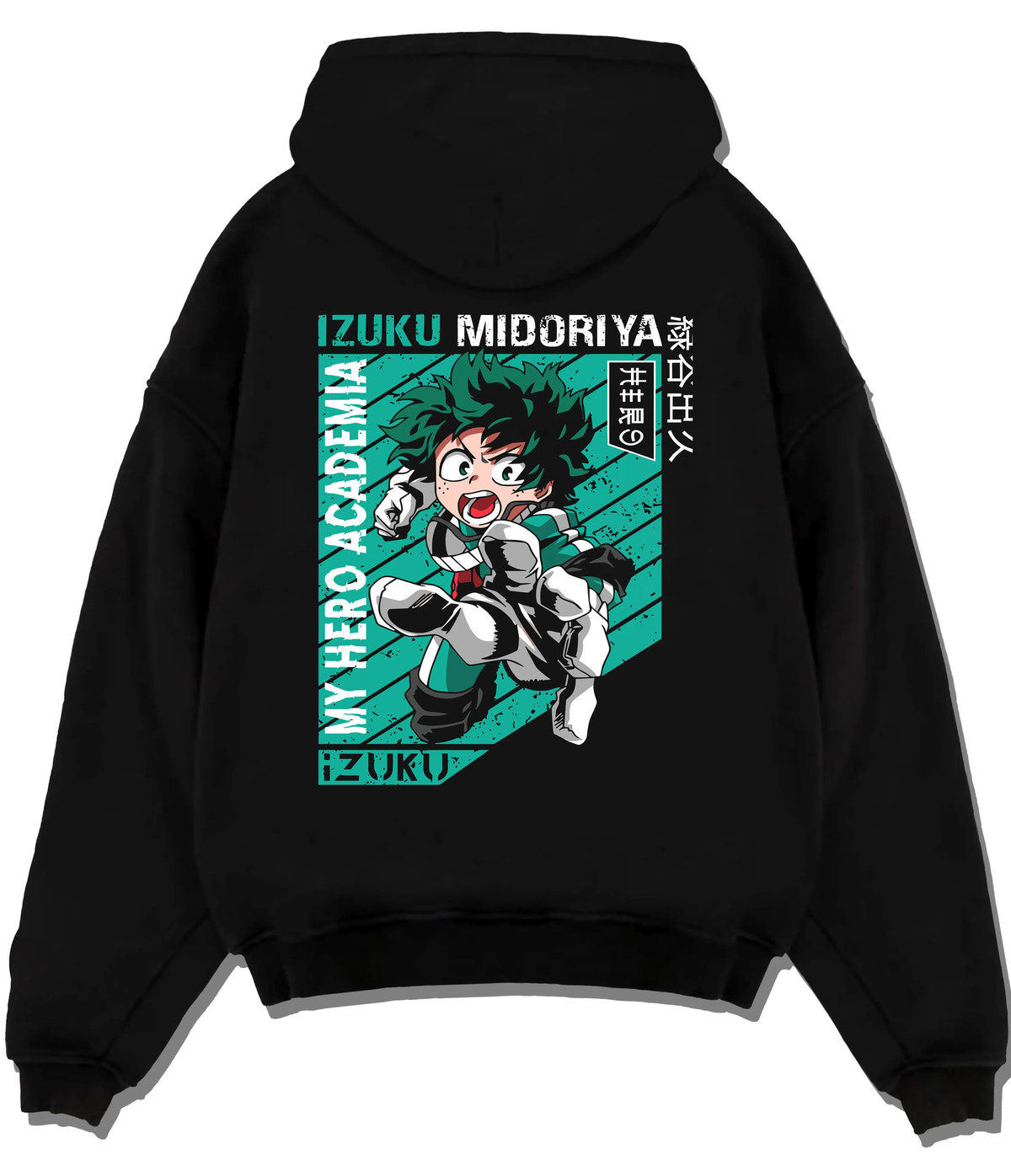 Black hoodie flat back view showing Izuku Midoriya from My Hero Academia: bright turquoise heroic portrait