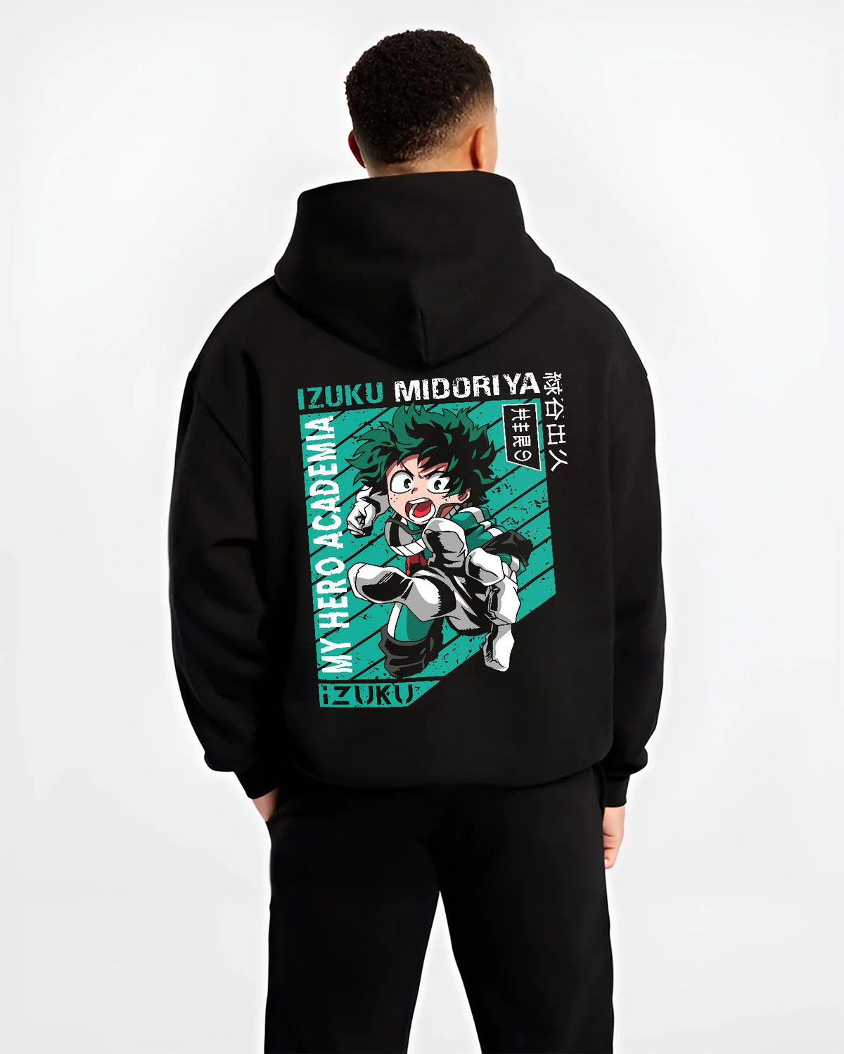 Black hoodie model back view showing Izuku Midoriya from My Hero Academia: bright turquoise heroic portrait