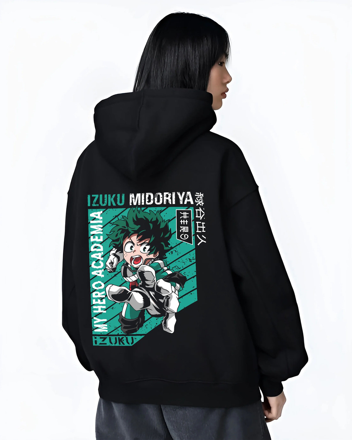 Black hoodie female model back view showing Izuku Midoriya from My Hero Academia: bright turquoise heroic portrait