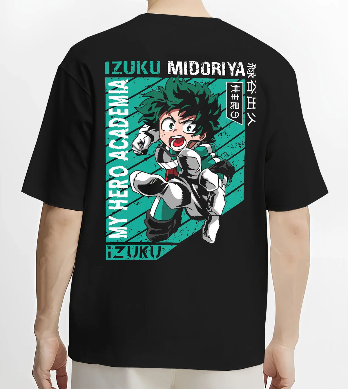 Black T-shirt model back view showing Izuku Midoriya from My Hero Academia: bright turquoise heroic portrait