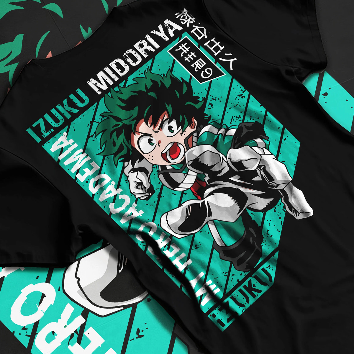 Black T-shirt flat back view showing Izuku Midoriya from My Hero Academia: bright turquoise heroic portrait