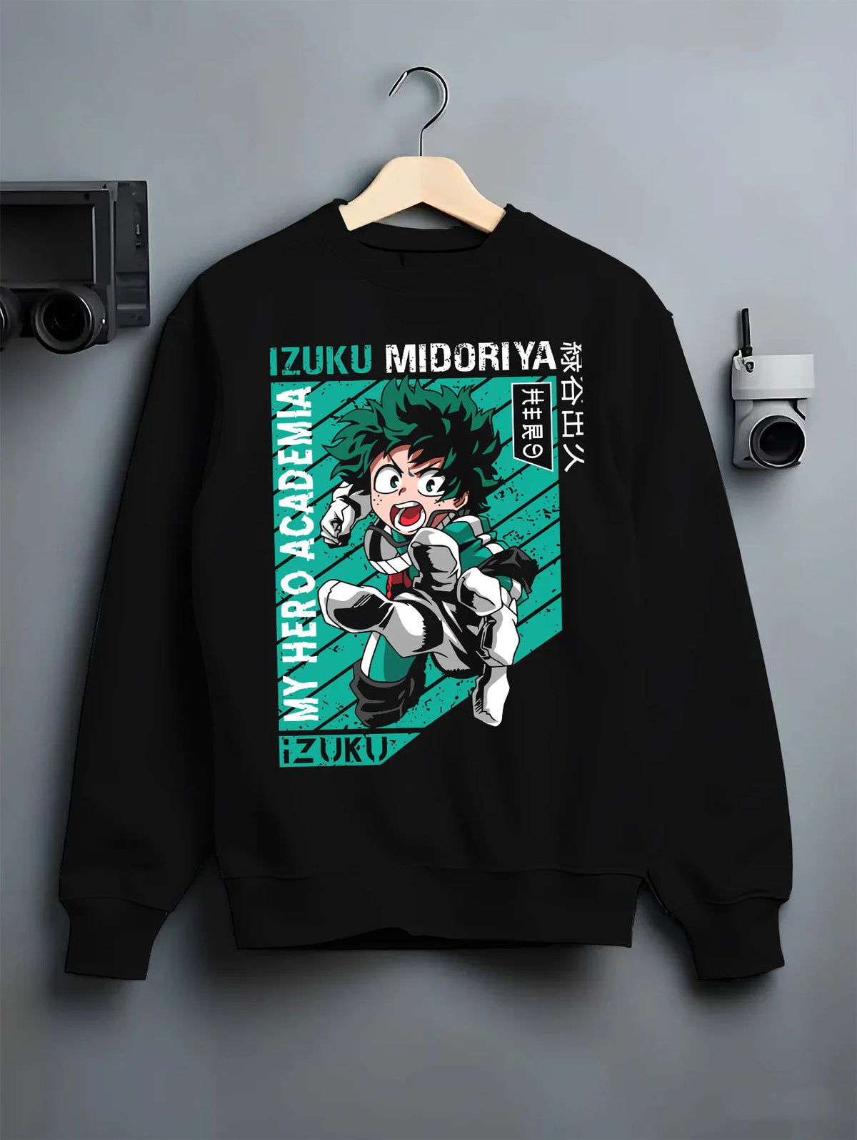 Black crewneck sweatshirt on hanger showing Izuku Midoriya from My Hero Academia: bright turquoise heroic portrait