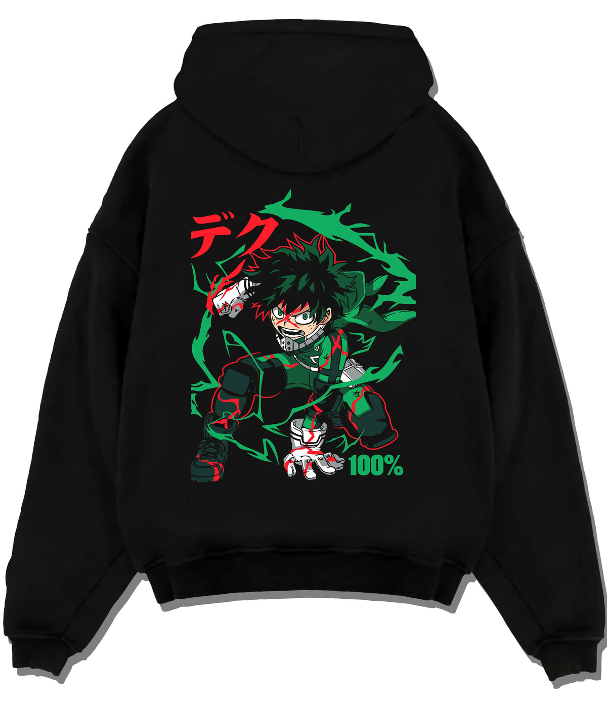 Black hoodie flat back view showing Deku from My Hero Academia: green-haired power-up and One For All effect