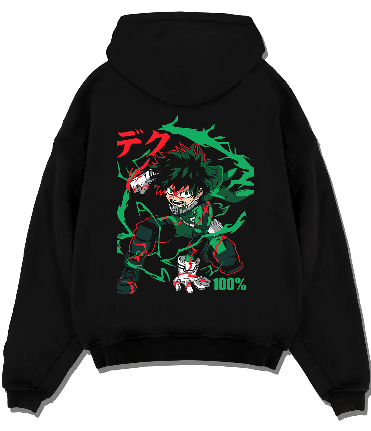 Black hoodie flat back view showing Deku from My Hero Academia: green-haired power-up and One For All effect