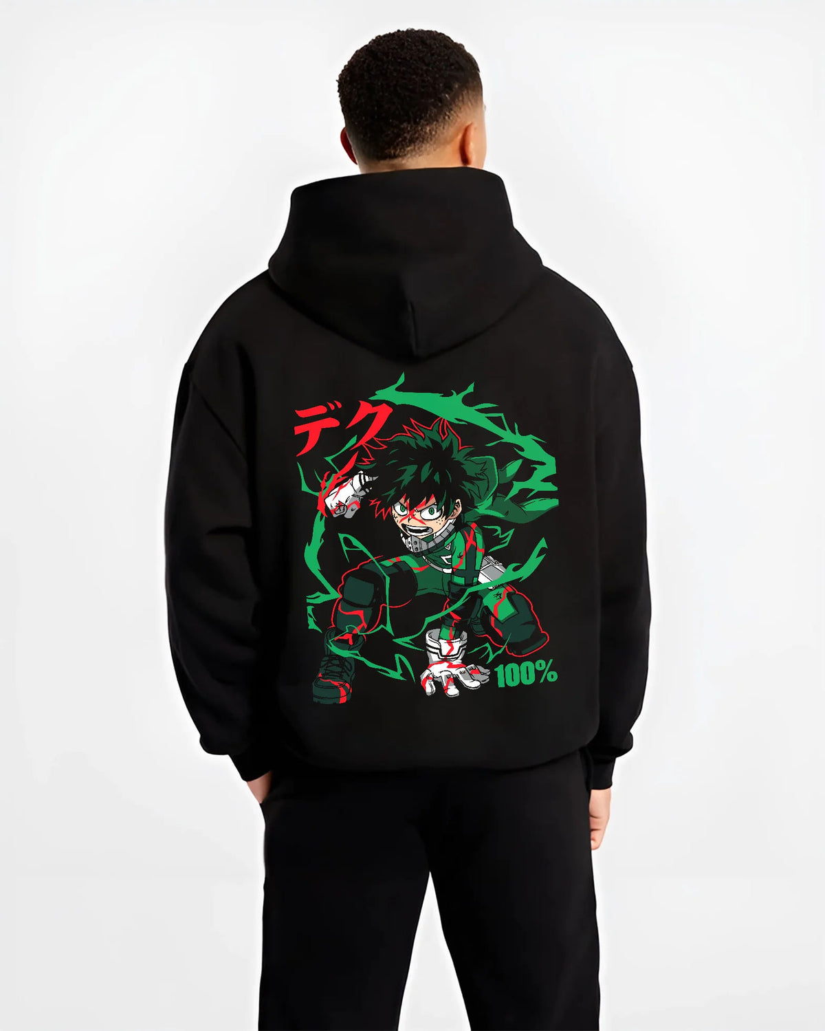 Black hoodie model back view showing Deku from My Hero Academia: green-haired power-up and One For All effect