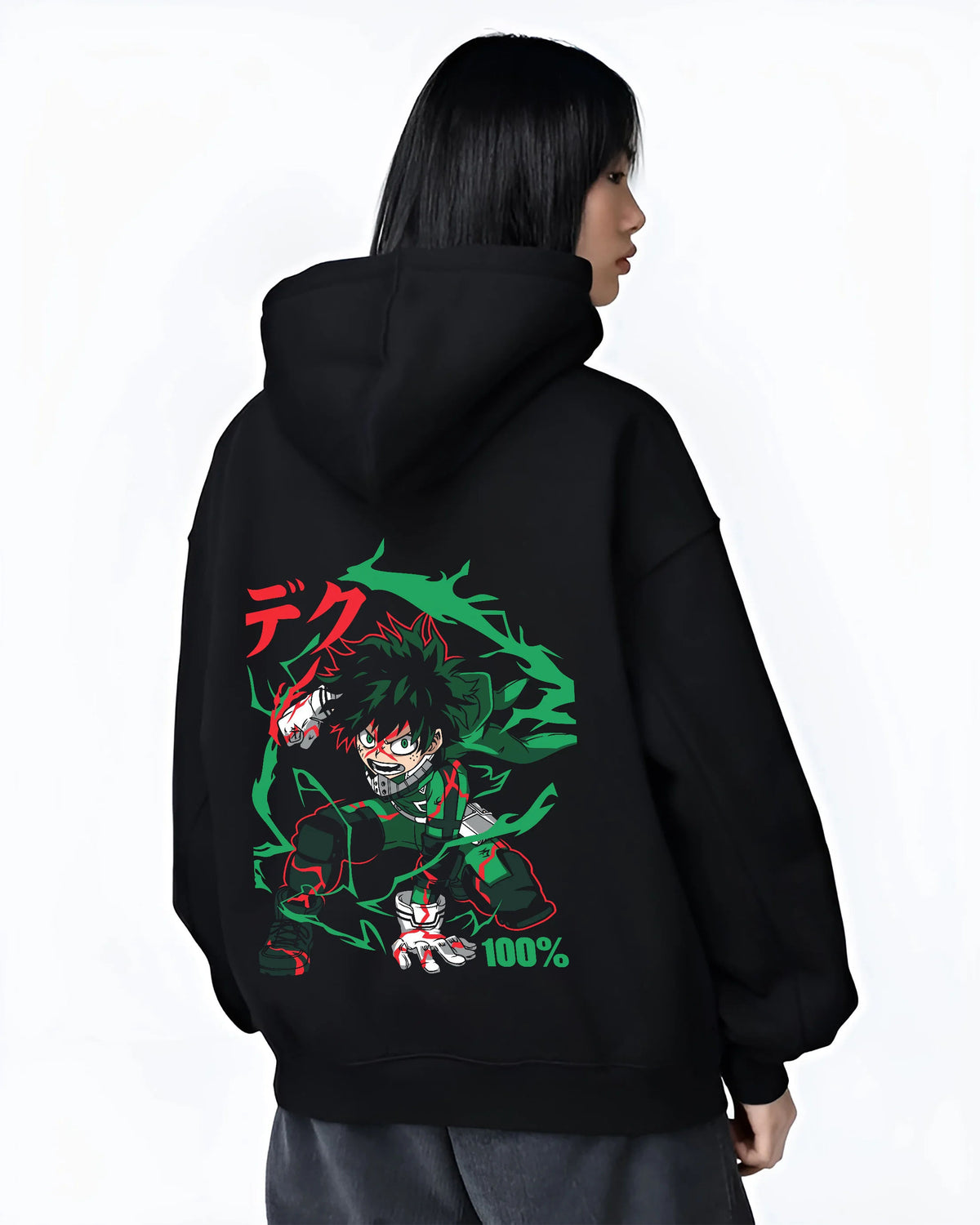 Black hoodie female model back view showing Deku from My Hero Academia: green-haired power-up and One For All effect