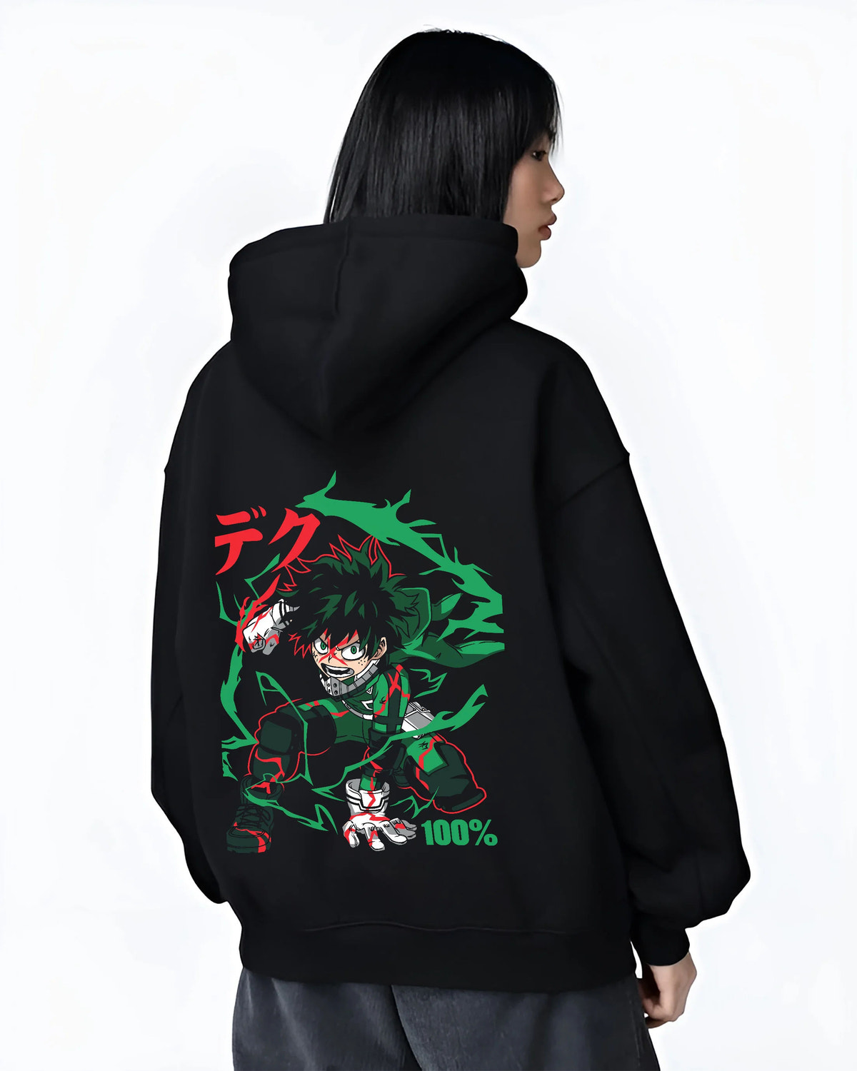 Black hoodie female model back view showing Deku from My Hero Academia: green-haired power-up and One For All effect