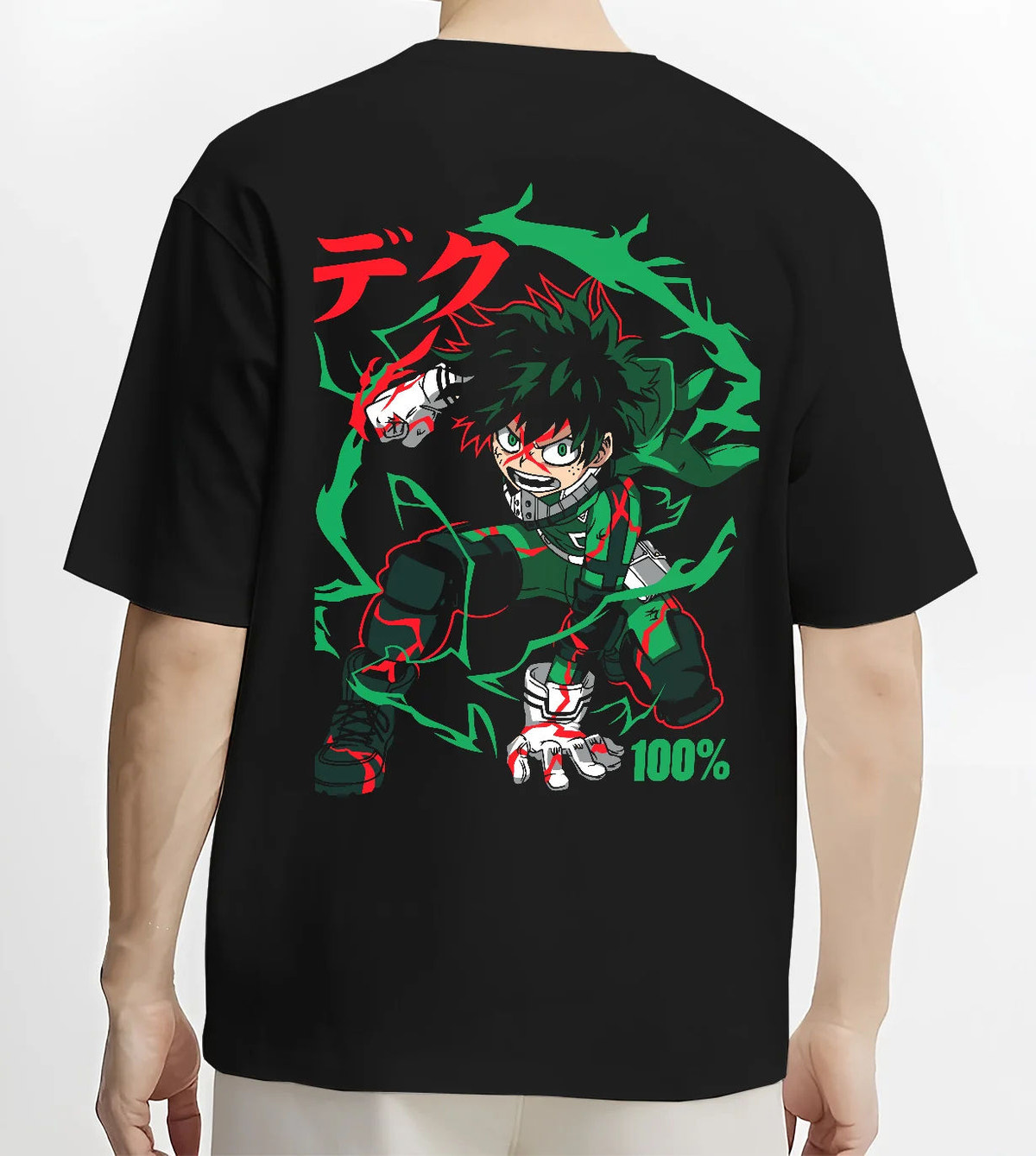 Black T-shirt model back view showing Deku from My Hero Academia: green-haired power-up and One For All effect