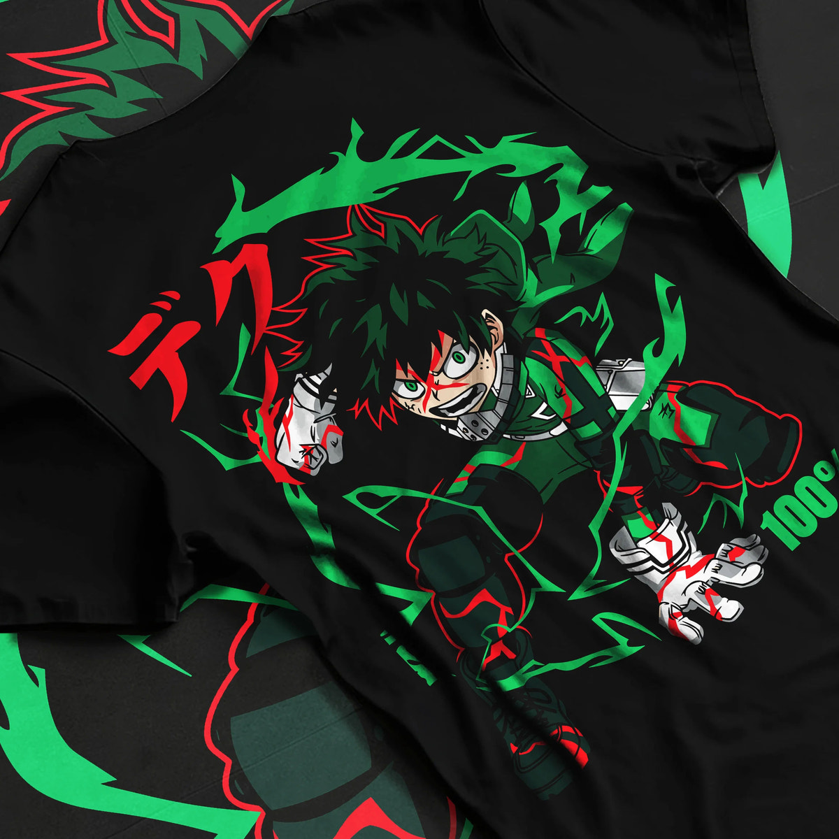 Black T-shirt flat back view showing Deku from My Hero Academia: green-haired power-up and One For All effect