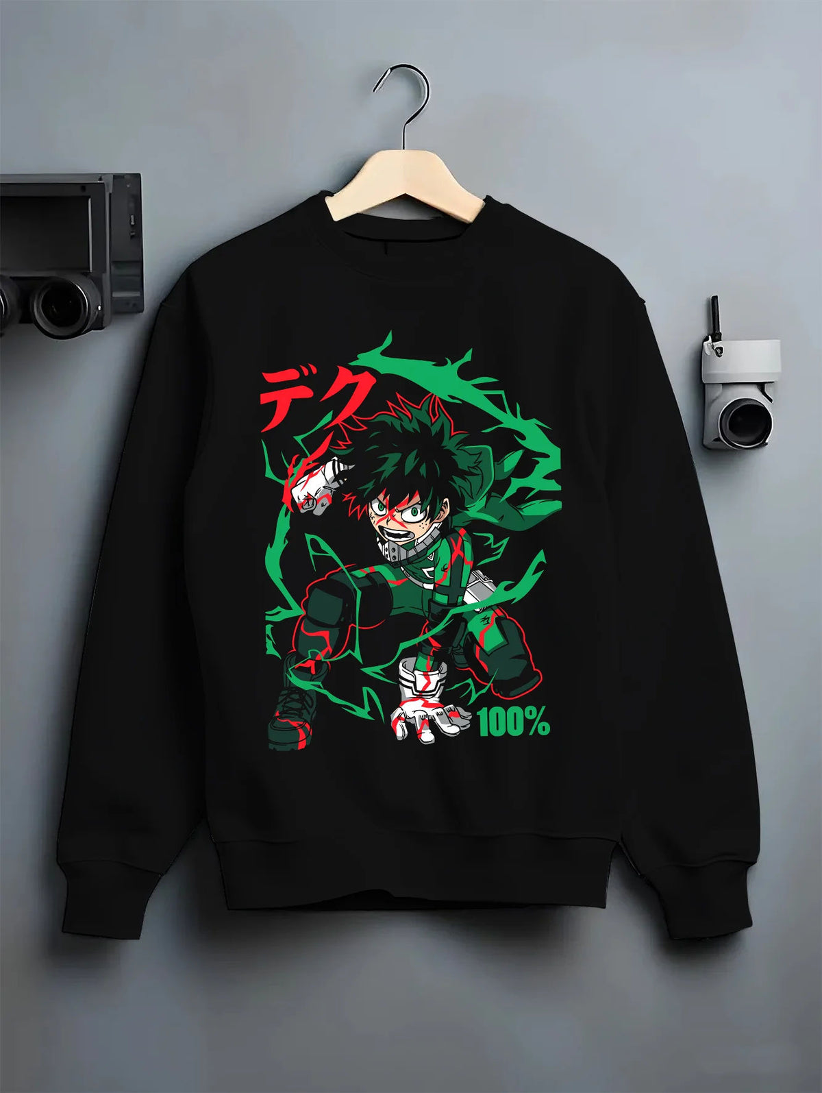 Black crewneck sweatshirt on hanger showing Deku from My Hero Academia: green-haired power-up and One For All effect