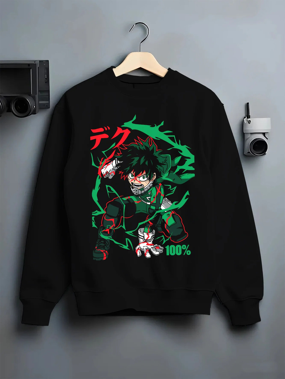 Black crewneck sweatshirt on hanger showing Deku from My Hero Academia: green-haired power-up and One For All effect