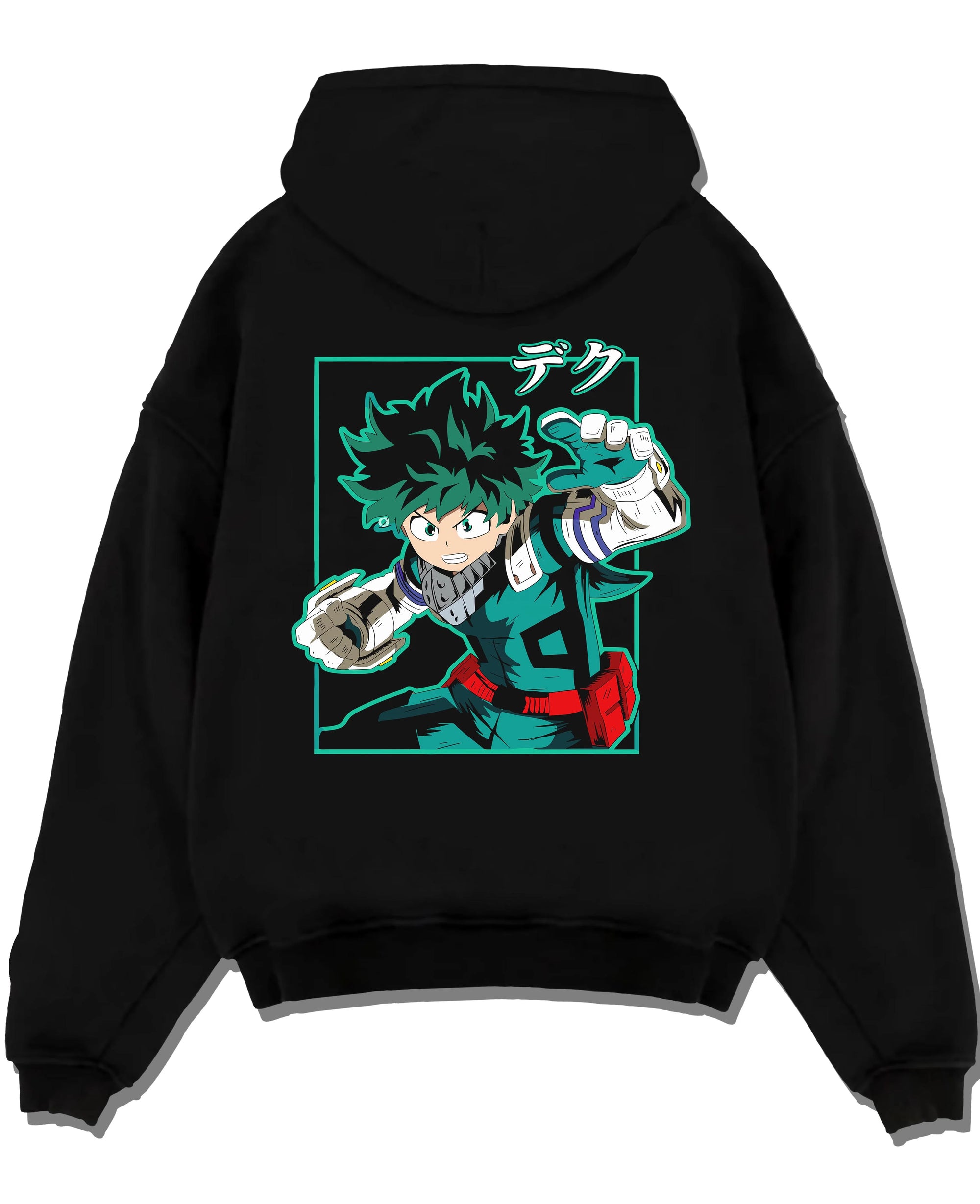 Black pullover hoodie laid flat with Deku Hoodie My Hero Academia Hero Academy Retro Pose graphic premium wear.