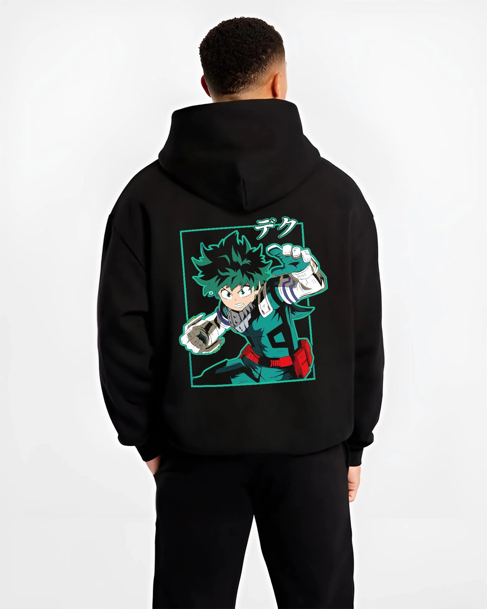 Black hoodie worn by male model, back view with Deku Hoodie My Hero Academia Hero Academy Retro Pose graphic bold anime graphic.