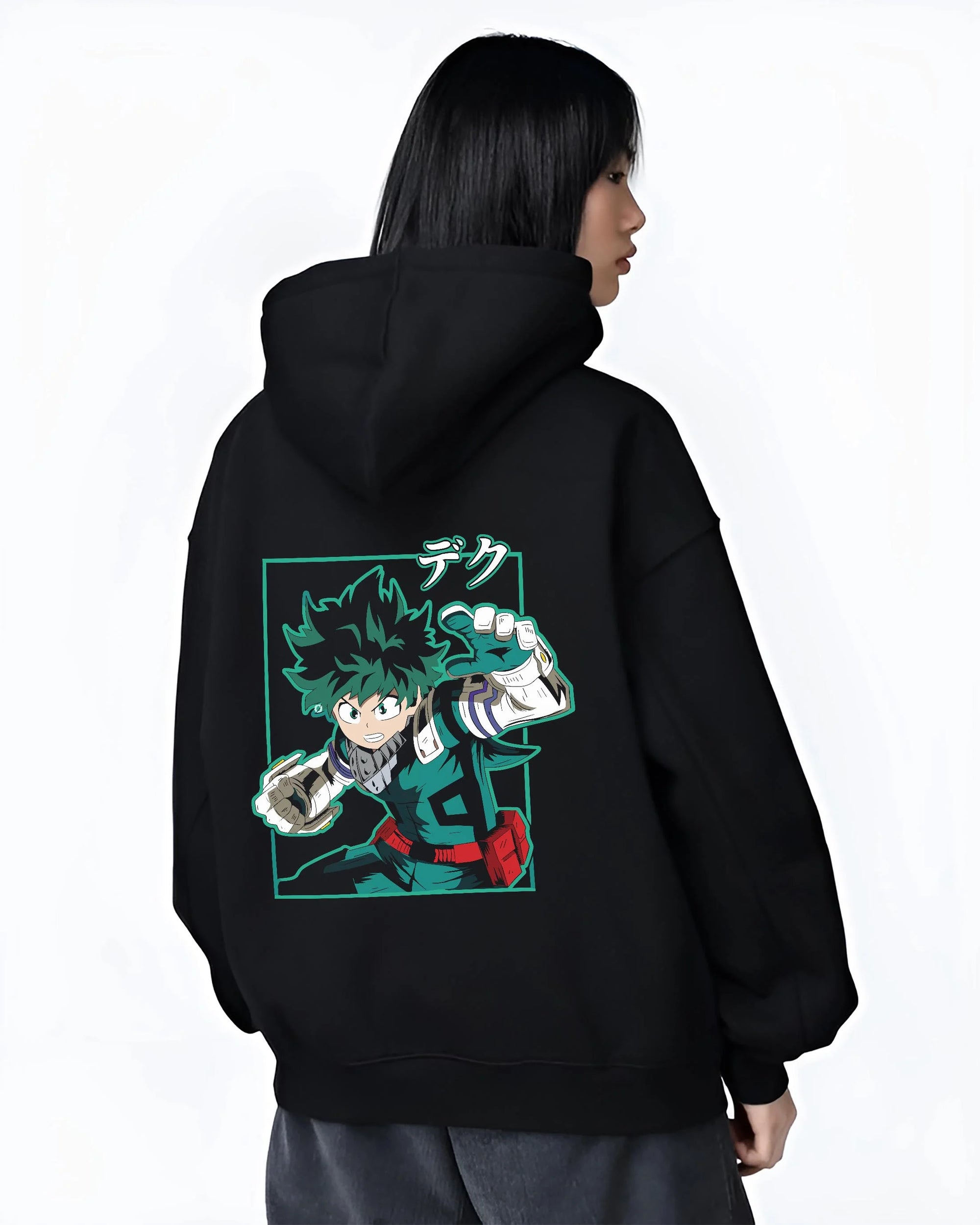 Black hoodie worn by female model, back view with Deku Hoodie My Hero Academia Hero Academy Retro Pose graphic bold anime graphic.