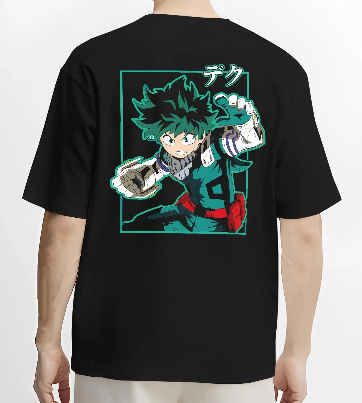 Black T-shirt worn by male model, back view with Deku Hoodie My Hero Academia Hero Academy Retro Pose graphic streetwear graphic.