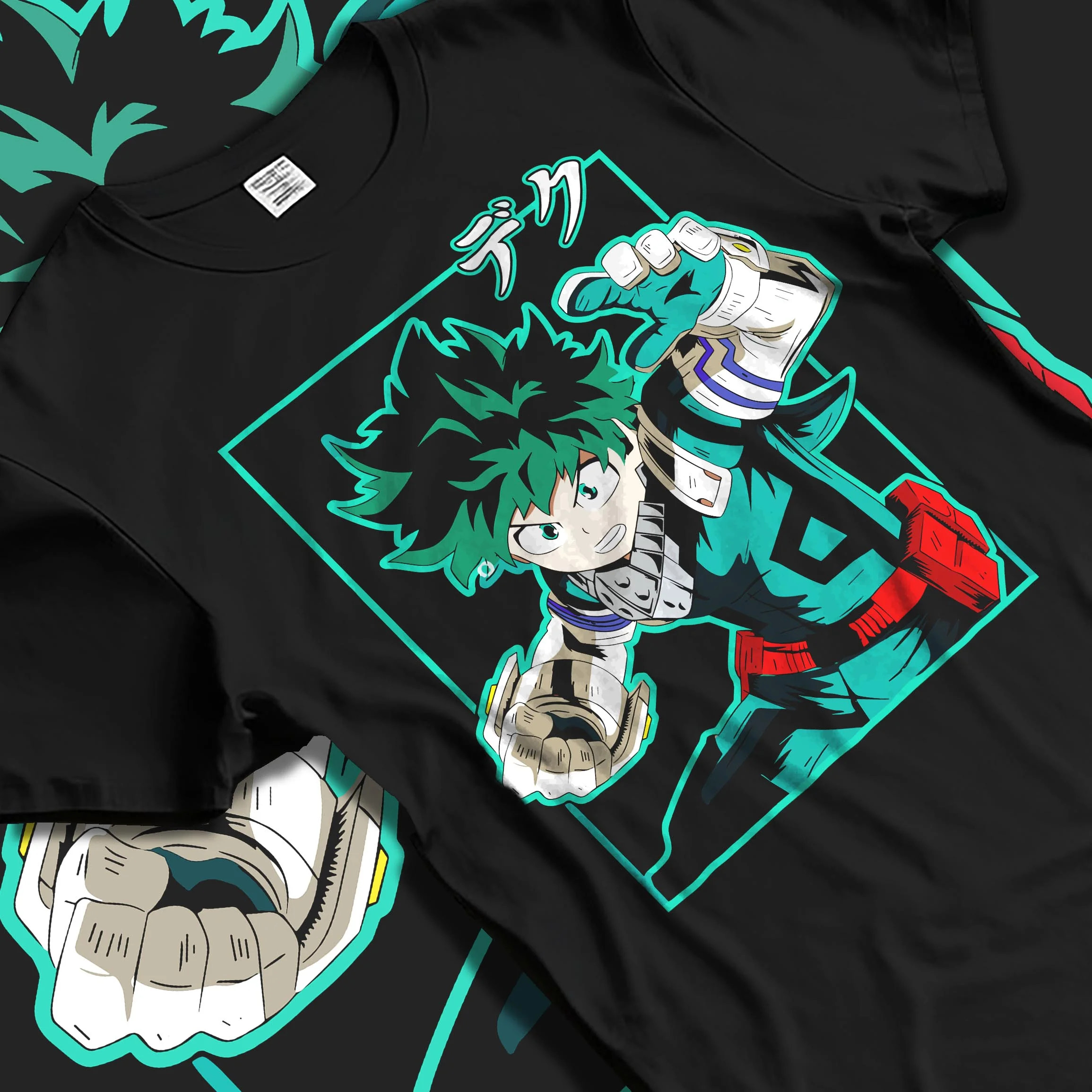 Black T-shirt laid flat with natural folds with Deku Hoodie My Hero Academia Hero Academy Retro Pose graphic streetwear graphic.