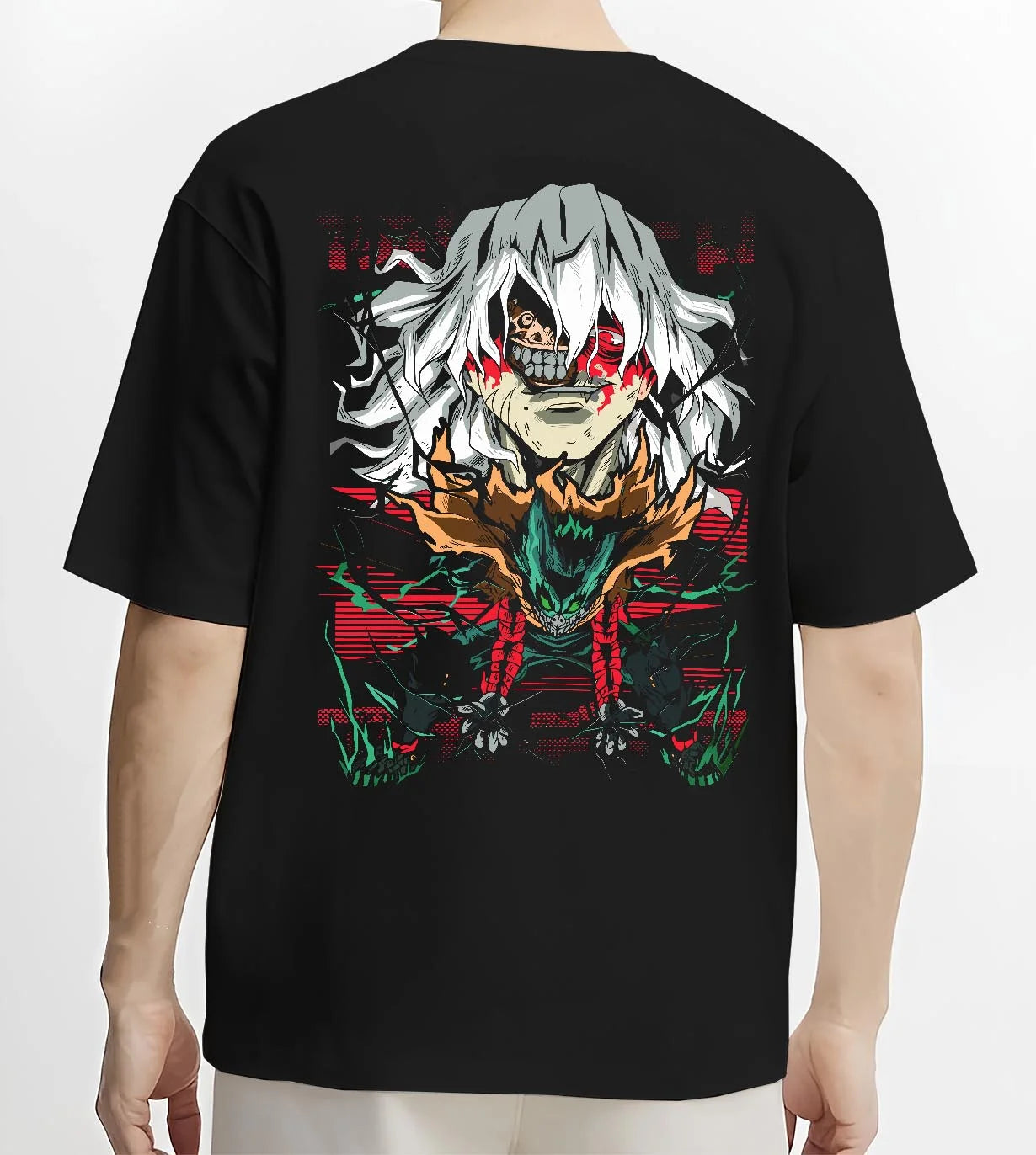 Black T-shirt worn by male model, back view with My Hero Academia Hoodie Tomura Shigaraki Villain Jumper graphic streetwear graphic.