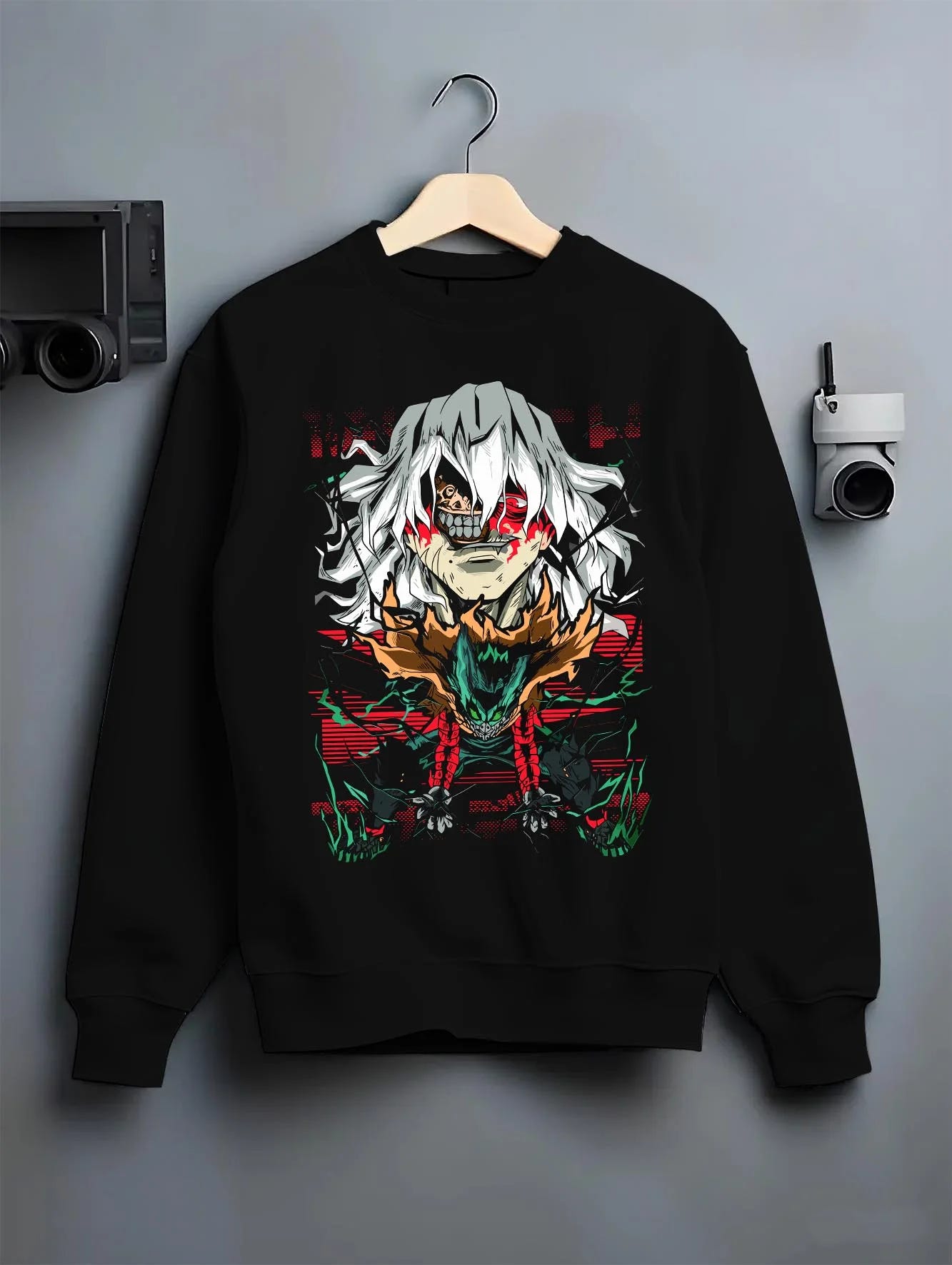 Black crewneck sweatshirt on hanger with My Hero Academia Hoodie Tomura Shigaraki Villain Jumper graphic streetwear graphic.