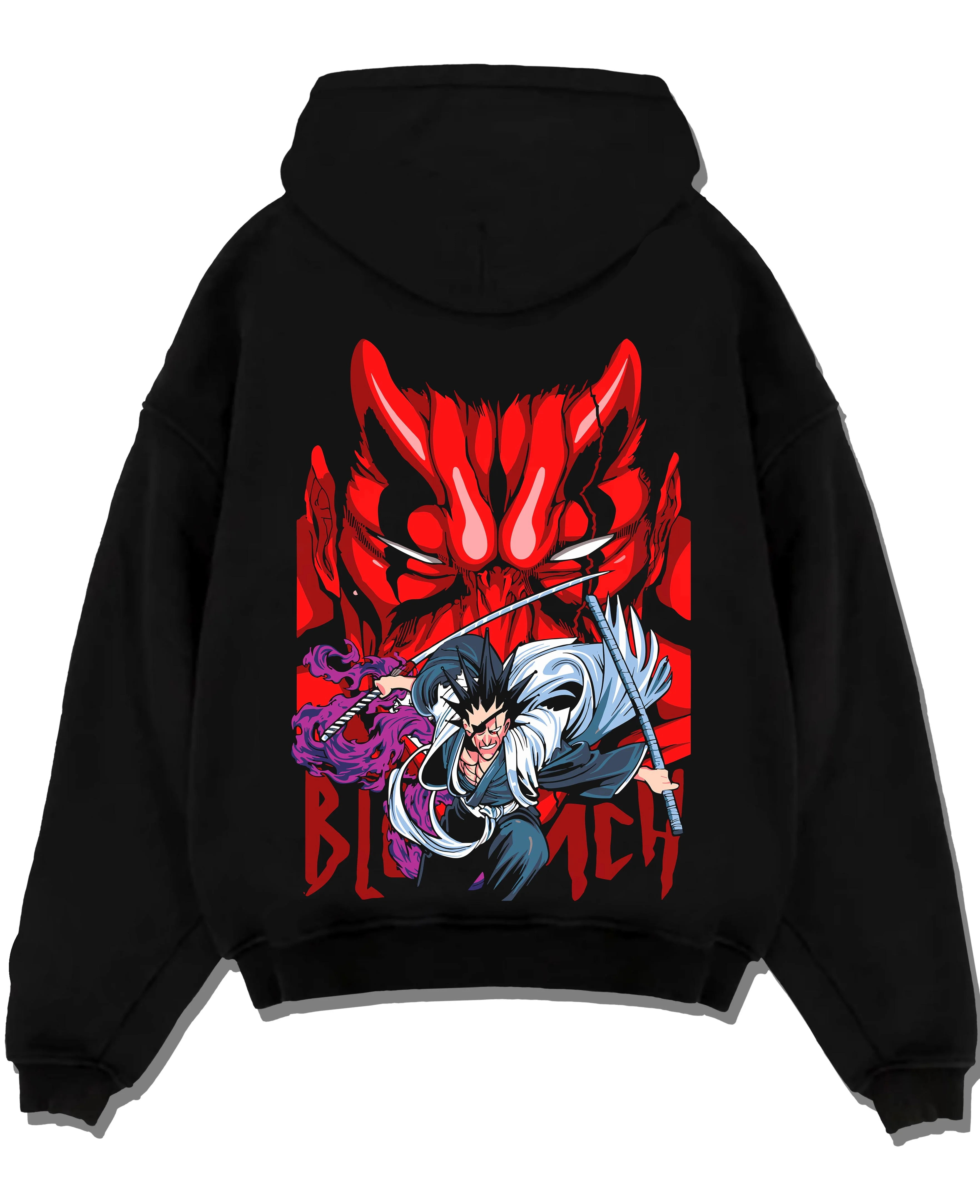 Black pullover hoodie laid flat with Bleach Hoodie Ichigo and Hollow Mask Red Retro Scene graphic streetwear graphic.