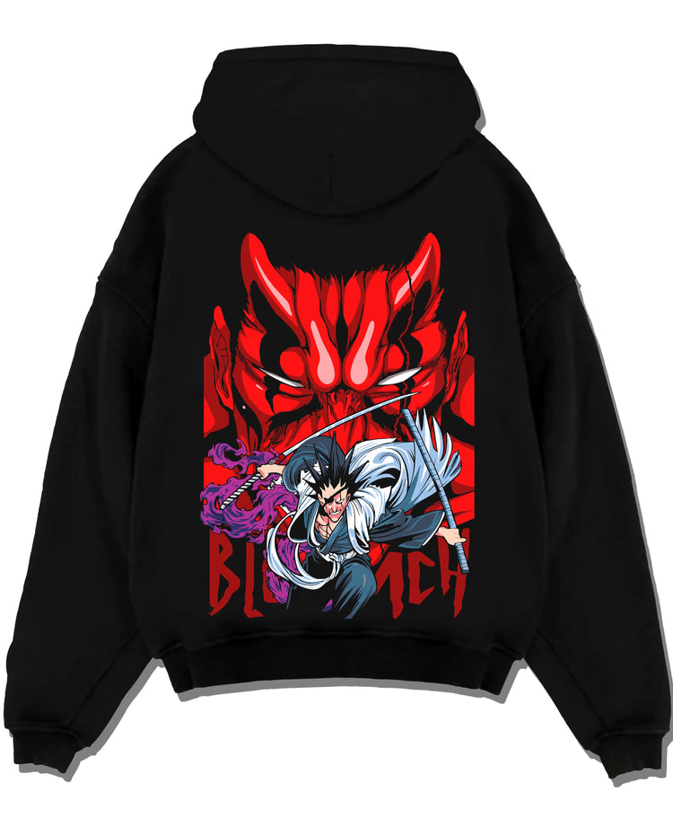 Black pullover hoodie laid flat with Bleach Hoodie Ichigo and Hollow Mask Red Retro Scene graphic streetwear graphic.