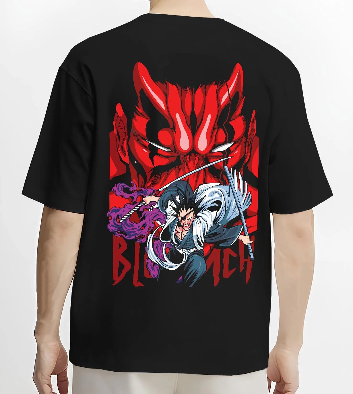 Black T-shirt worn by male model, back view with Bleach Hoodie Ichigo and Hollow Mask Red Retro Scene graphic bold anime graphic.
