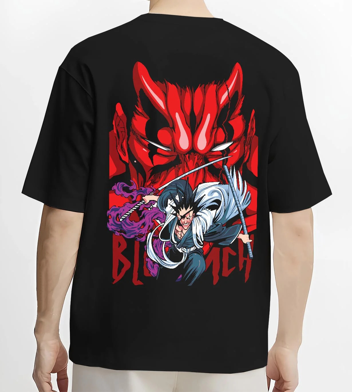 Black T-shirt worn by male model, back view with Bleach Hoodie Ichigo and Hollow Mask Red Retro Scene graphic bold anime graphic.