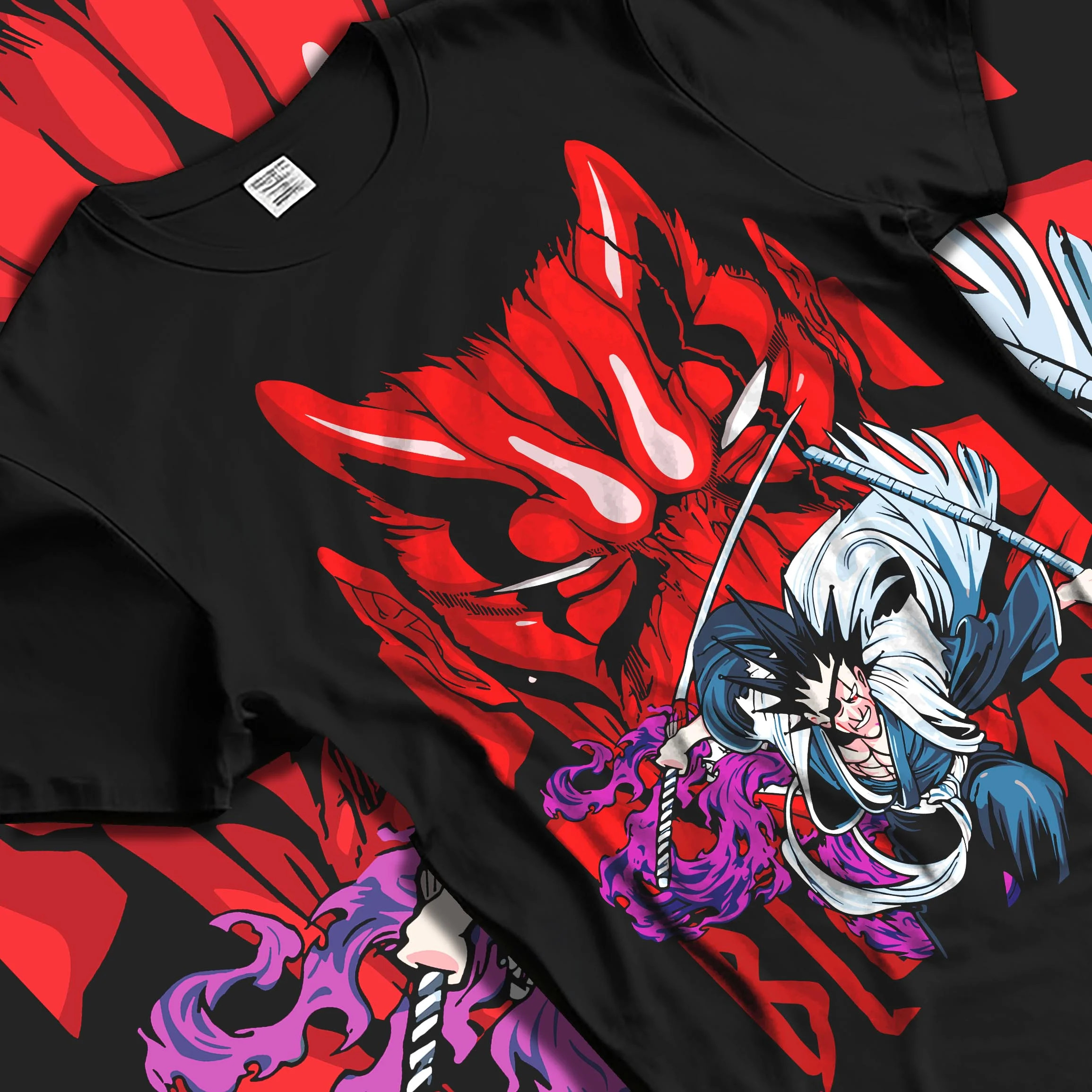Black T-shirt laid flat with natural folds with Bleach Hoodie Ichigo and Hollow Mask Red Retro Scene graphic streetwear graphic.