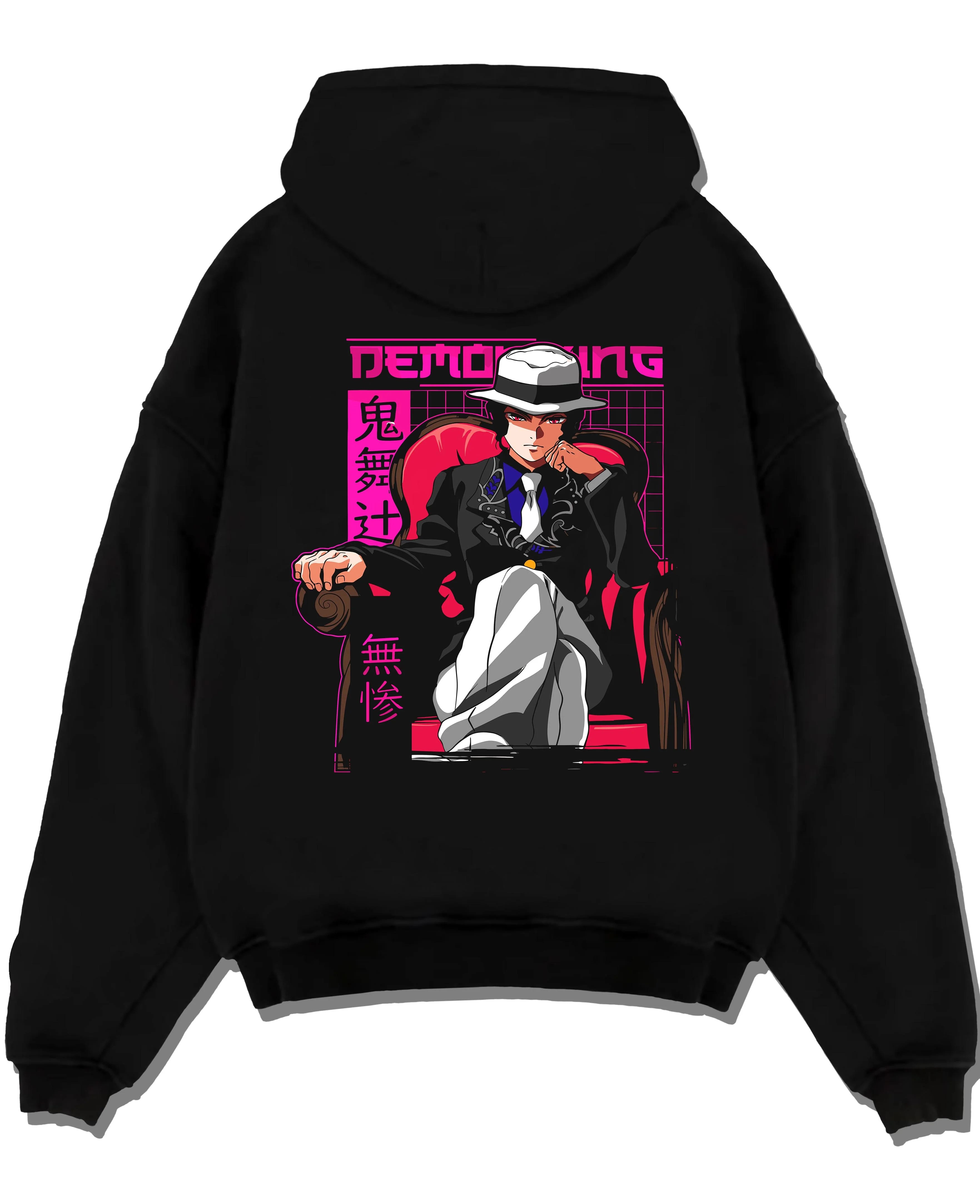 Black pullover hoodie laid flat with Demon Slayer Muzan Hoodie Final Form Anime Jumper graphic bold anime graphic.