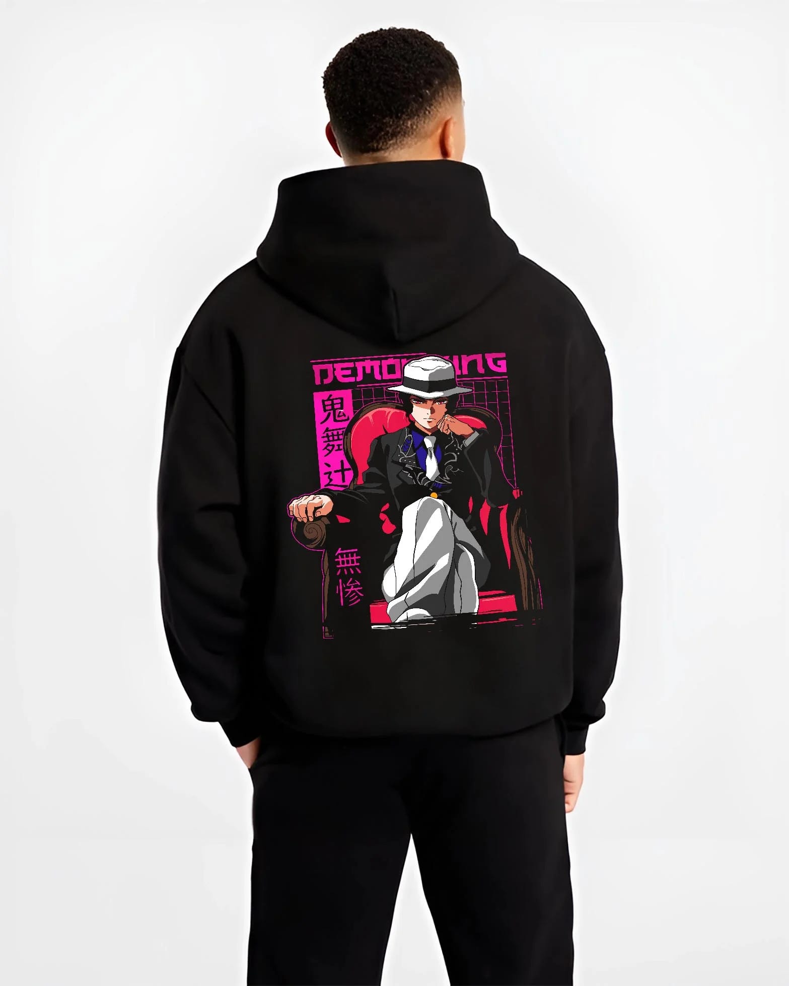 Black hoodie worn by male model, back view with Demon Slayer Muzan Hoodie Final Form Anime Jumper graphic premium wear.