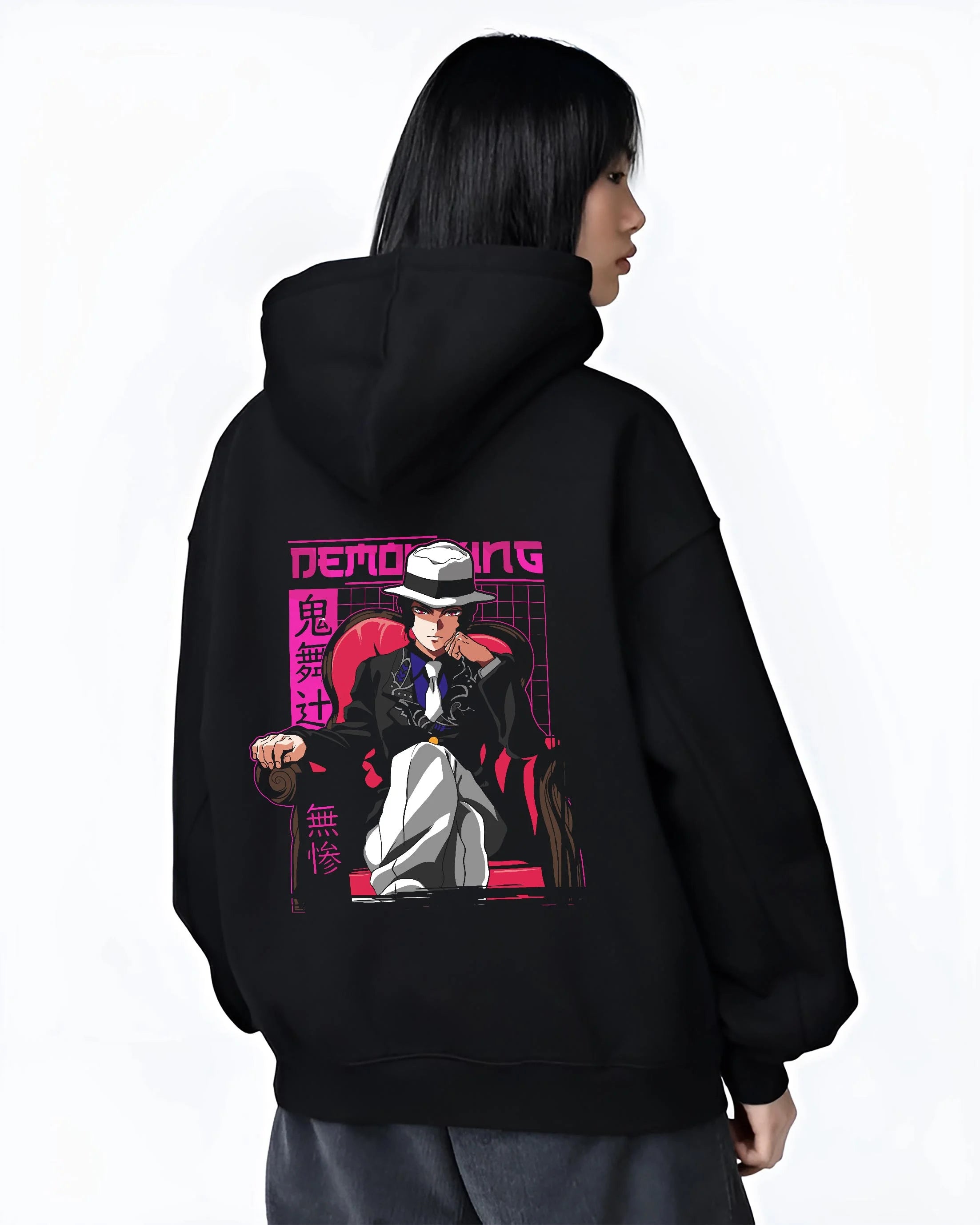 Black hoodie worn by female model, back view with Demon Slayer Muzan Hoodie Final Form Anime Jumper graphic premium wear.
