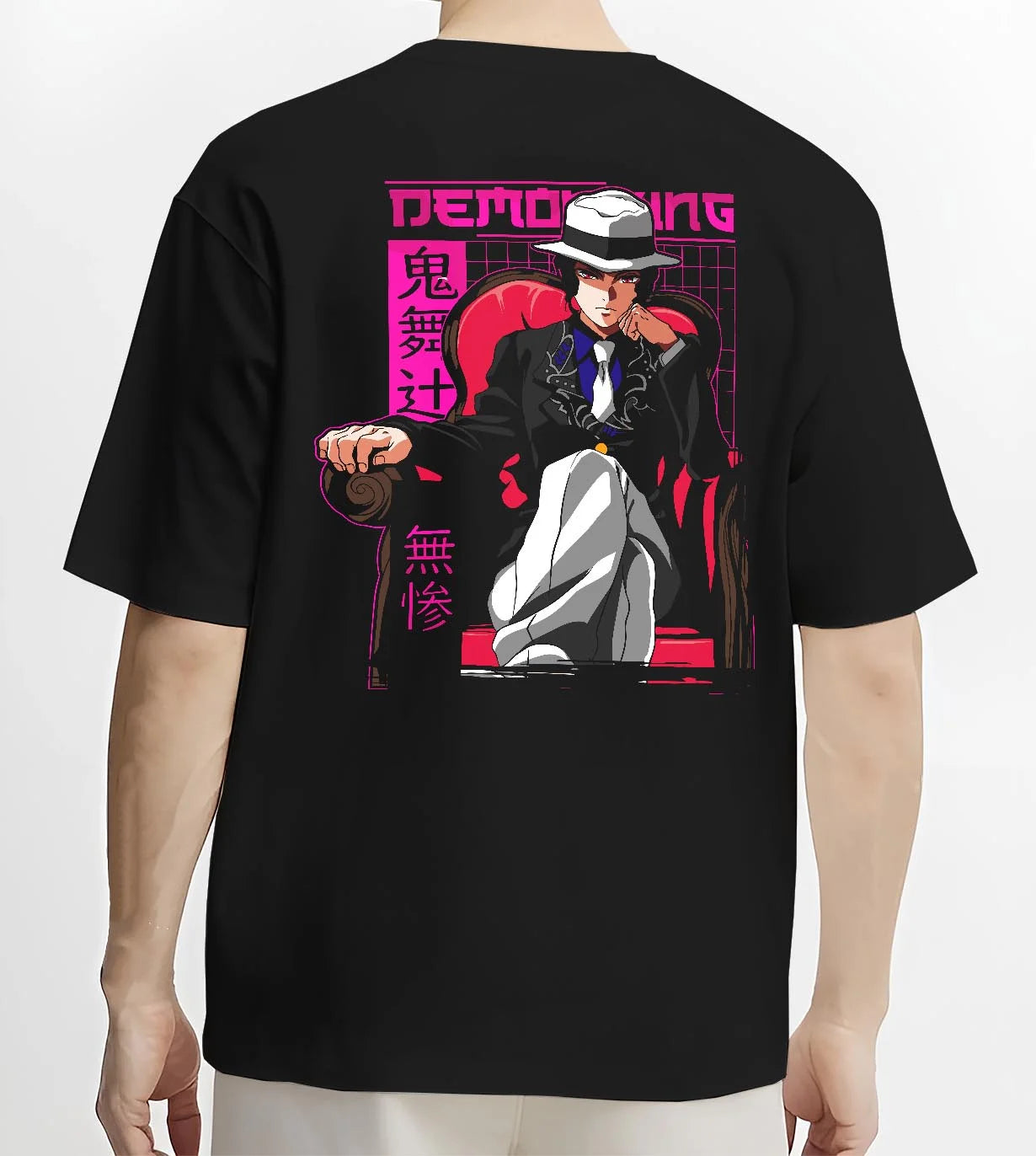 Black T-shirt worn by male model, back view with Demon Slayer Muzan Hoodie Final Form Anime Jumper graphic premium wear.