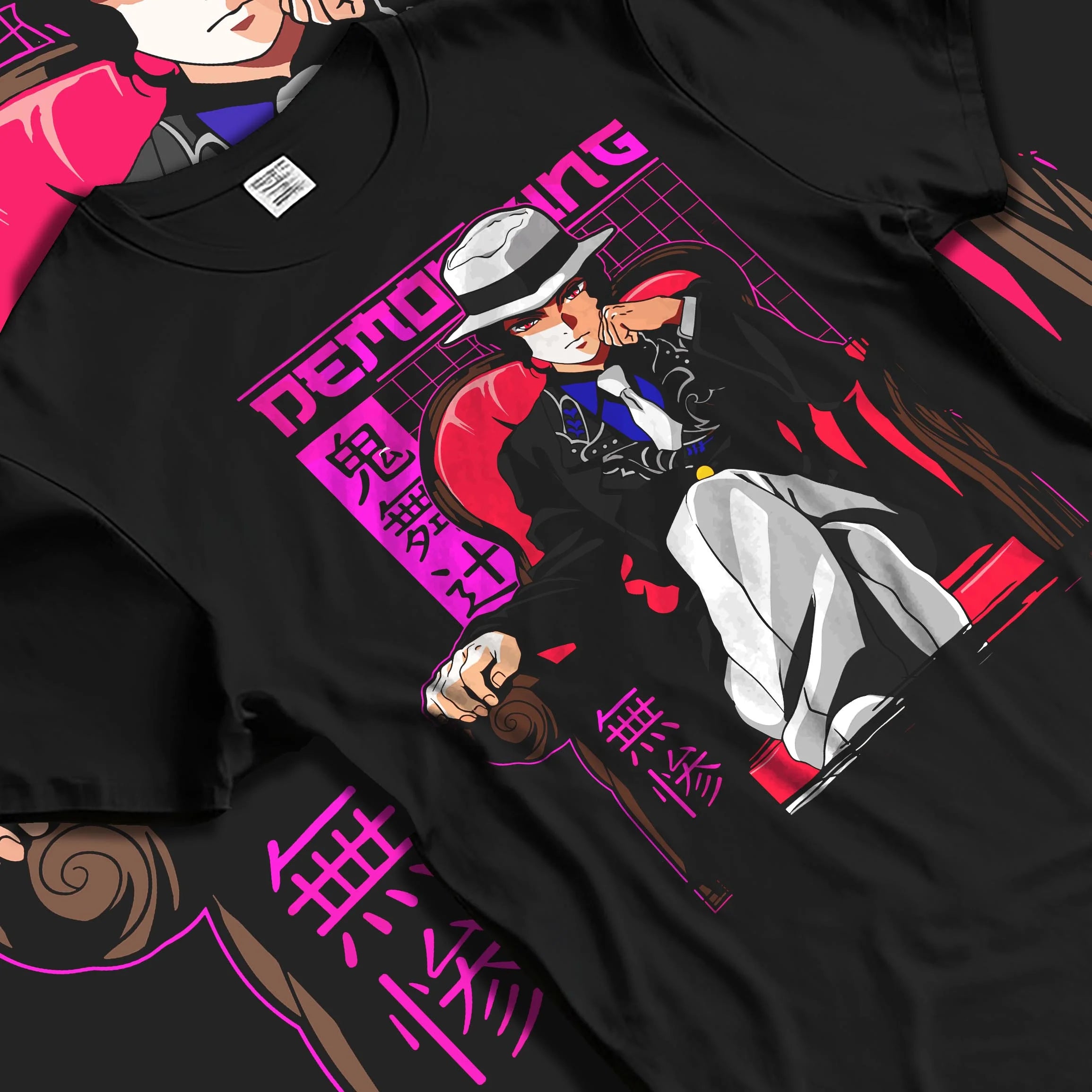 Black T-shirt laid flat with natural folds with Demon Slayer Muzan Hoodie Final Form Anime Jumper graphic streetwear graphic.