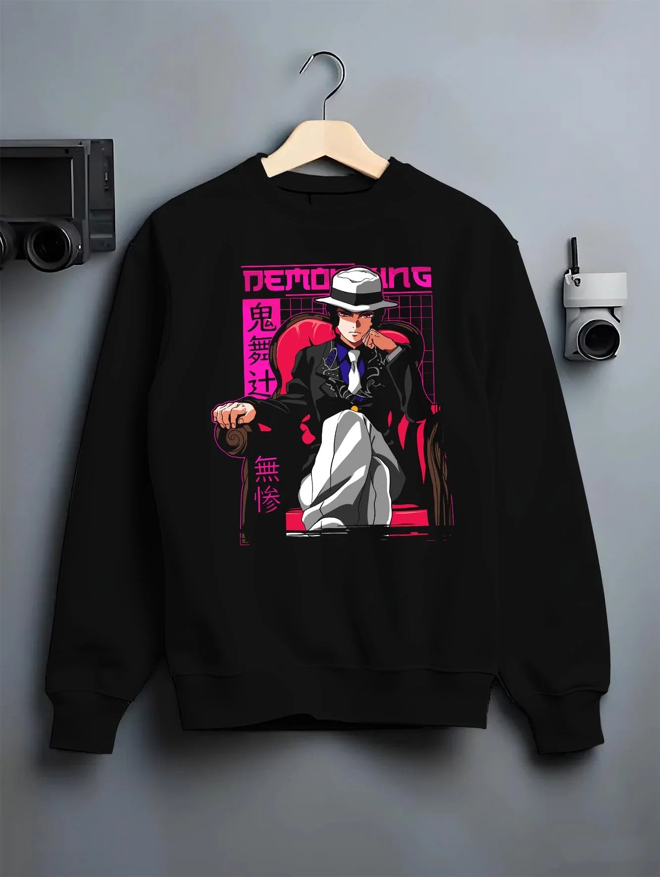 Black crewneck sweatshirt on hanger with Demon Slayer Muzan Hoodie Final Form Anime Jumper graphic bold anime graphic.