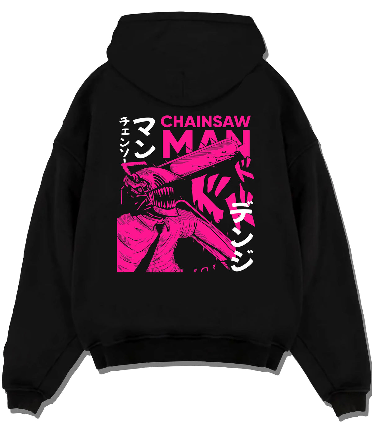 Black hoodie flat back view showing Chainsaw Devil / Denji from Chainsaw Man: magenta chainsaw-head graphic