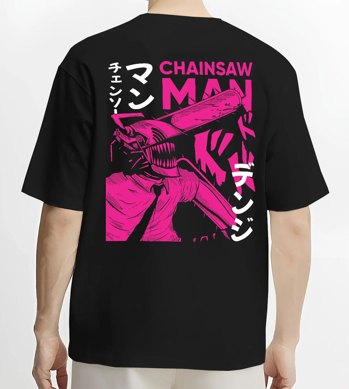 Black T-shirt model back view showing Chainsaw Devil / Denji from Chainsaw Man: magenta chainsaw-head graphic