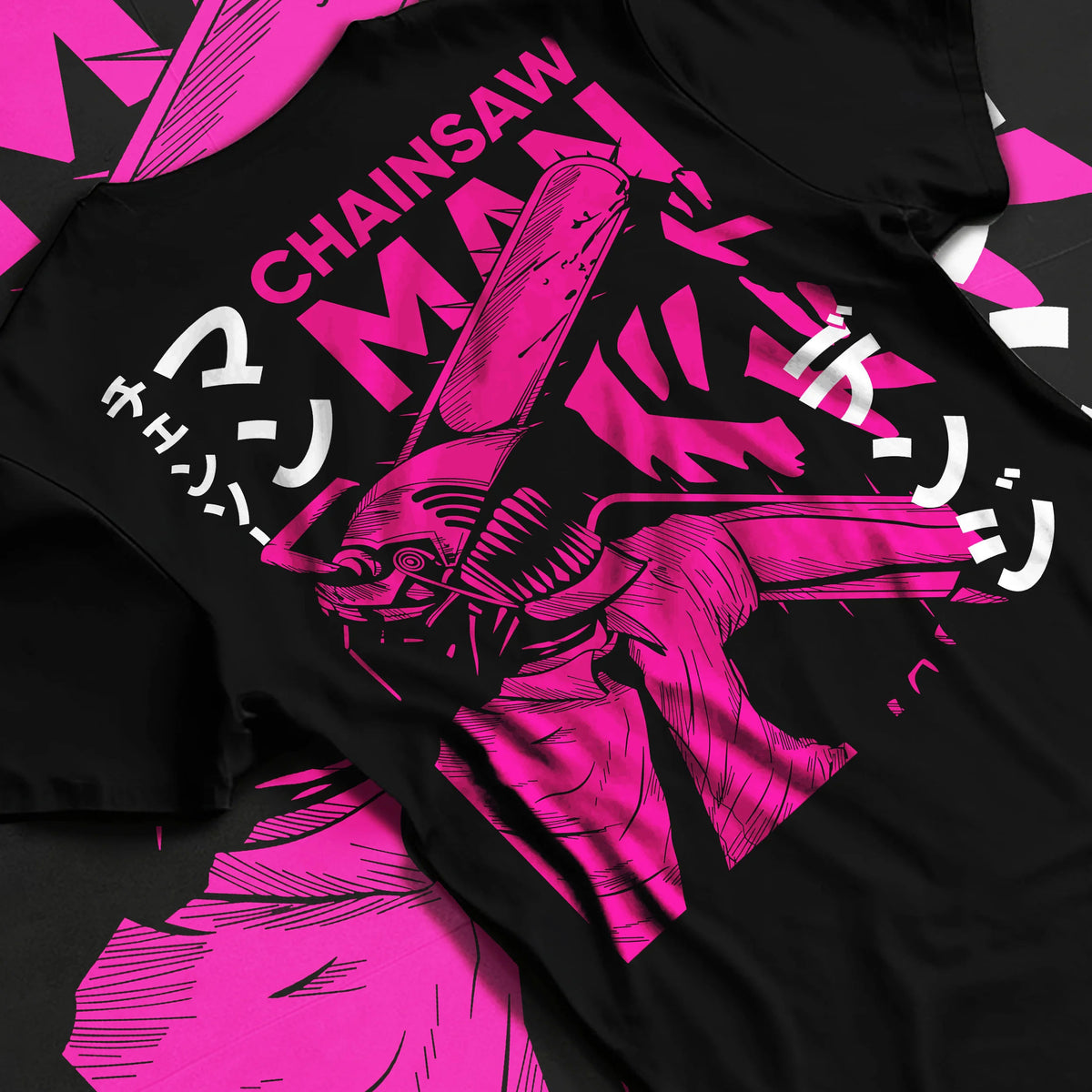 Black T-shirt flat back view showing Chainsaw Devil / Denji from Chainsaw Man: magenta chainsaw-head graphic