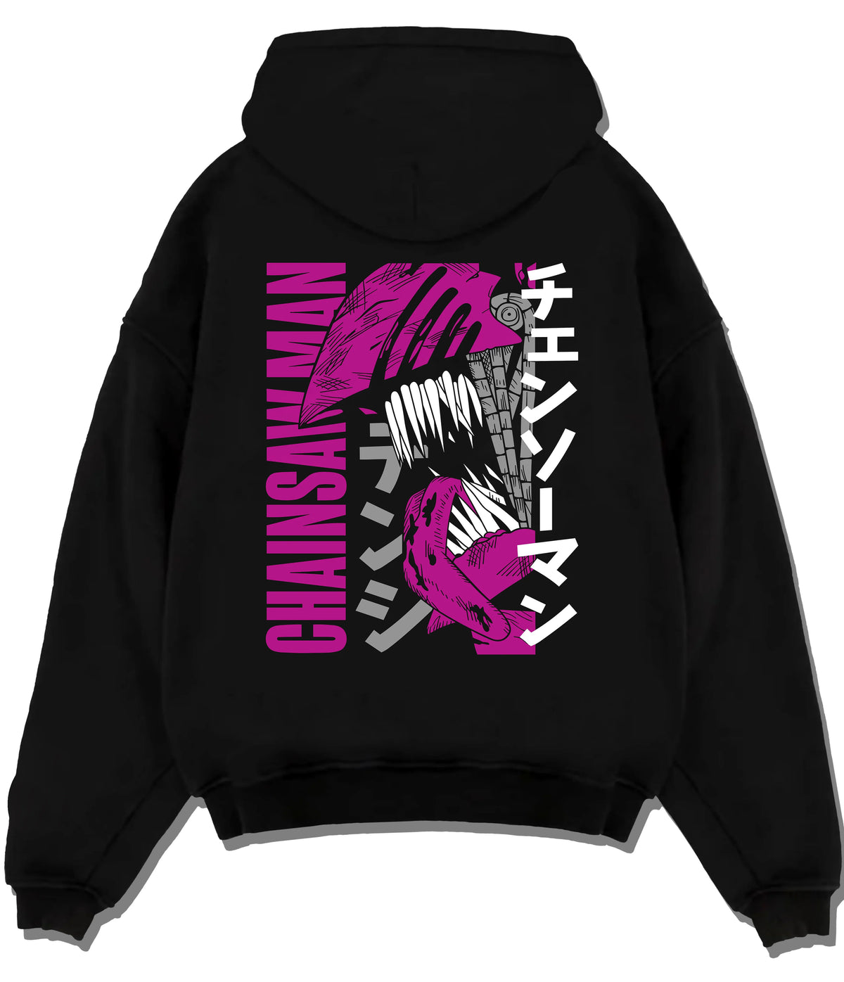 Black hoodie flat back view showing Chainsaw Devil / Denji from Chainsaw Man: purple stylised manga poster