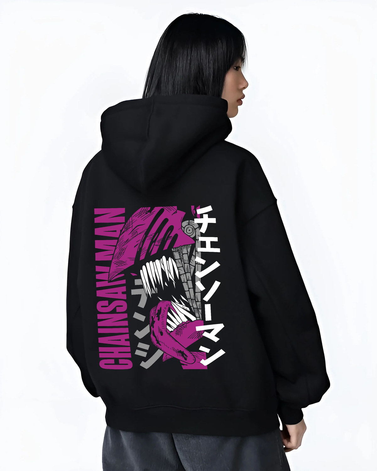 Black hoodie female model back view showing Chainsaw Devil / Denji from Chainsaw Man: purple stylised manga poster