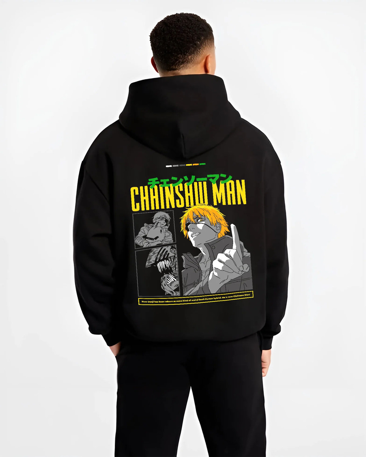 Black hoodie model back view showing Denji from Chainsaw Man: human form