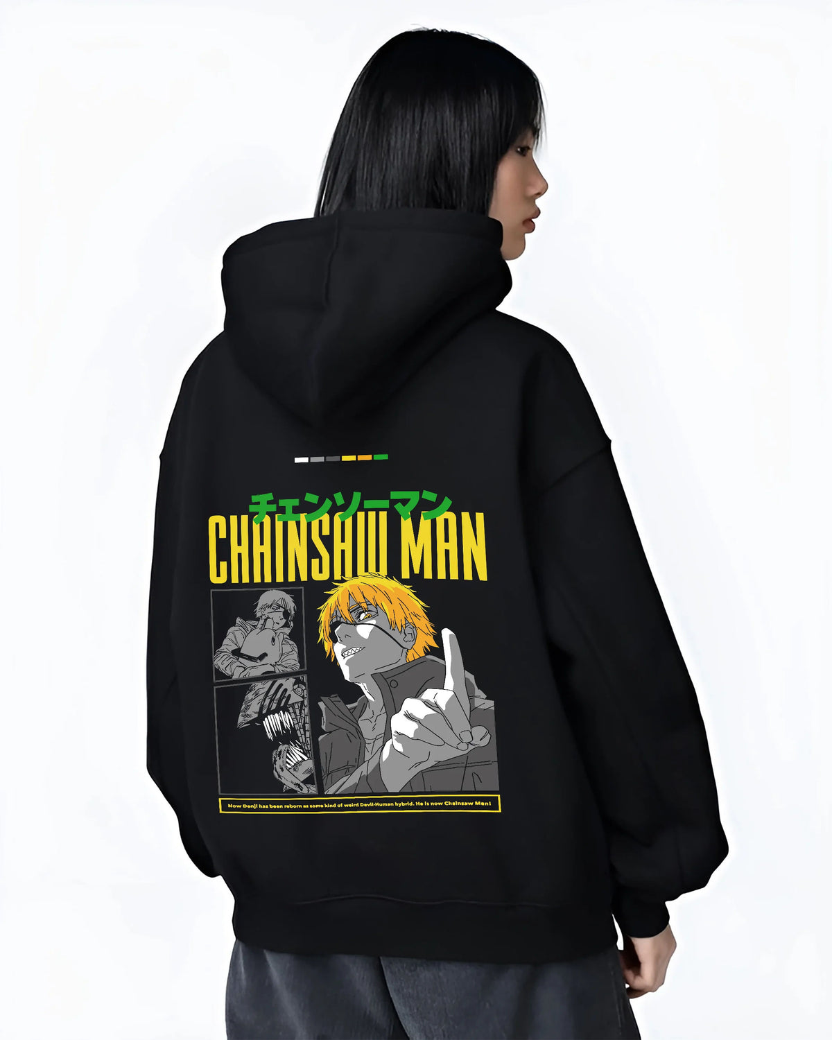 Black hoodie female model back view showing Denji from Chainsaw Man: human form