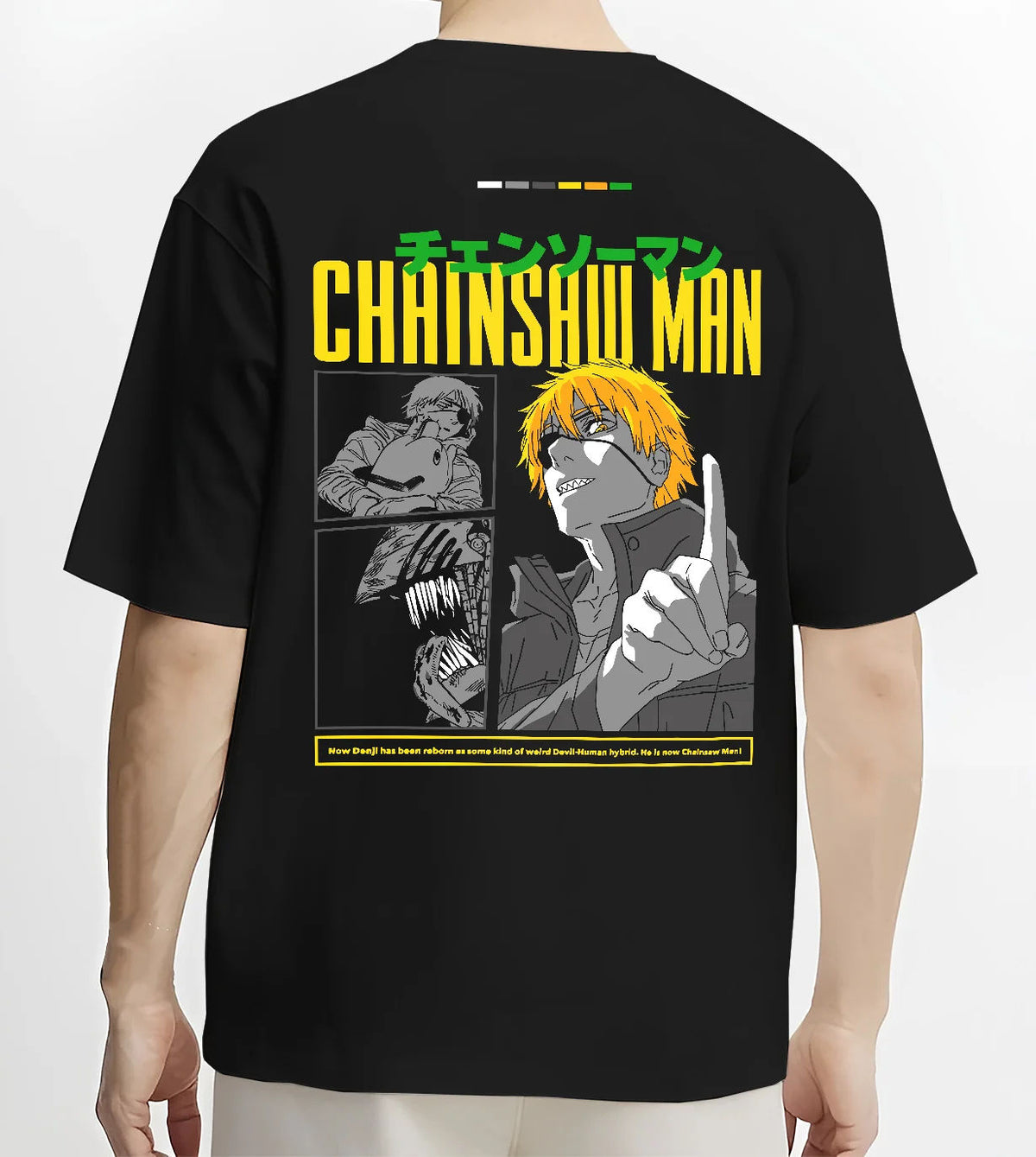Black T-shirt model back view showing Denji from Chainsaw Man: human form